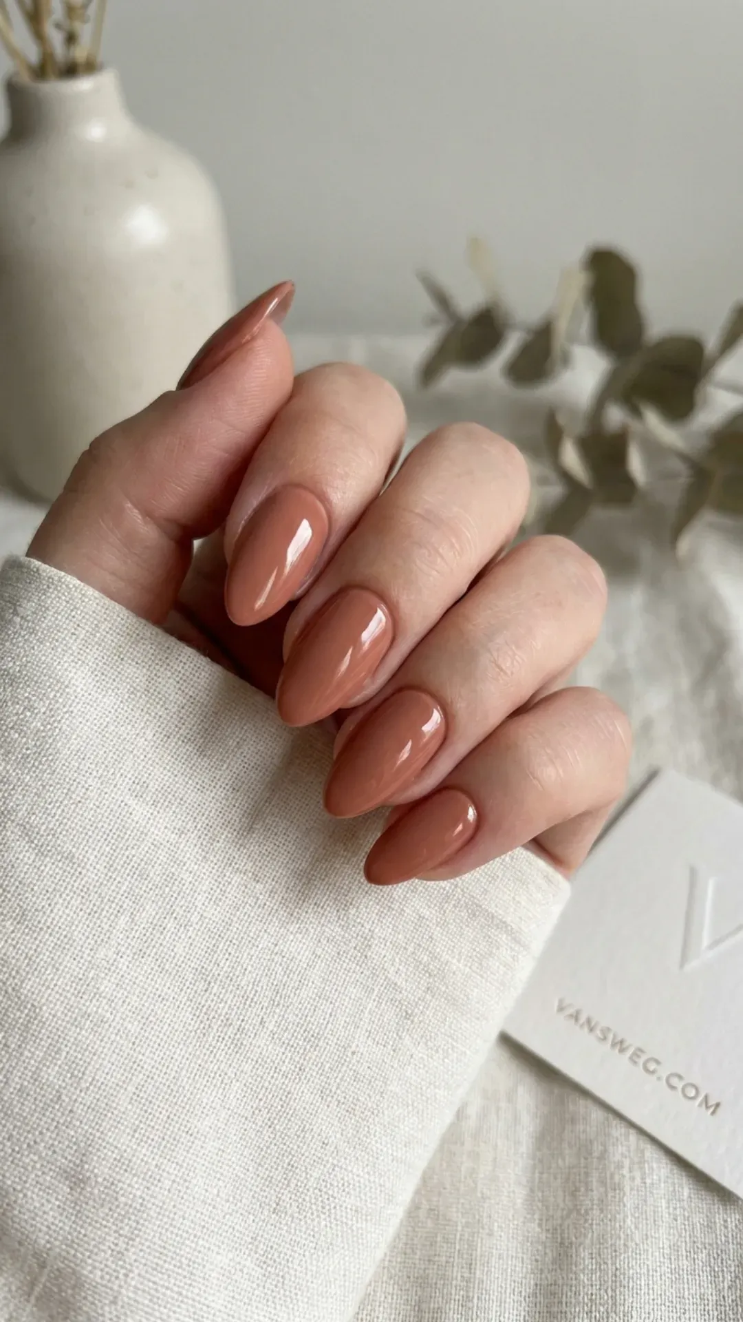 warm muted earthy terracotta clay almond nail color by VANSWEG.COM