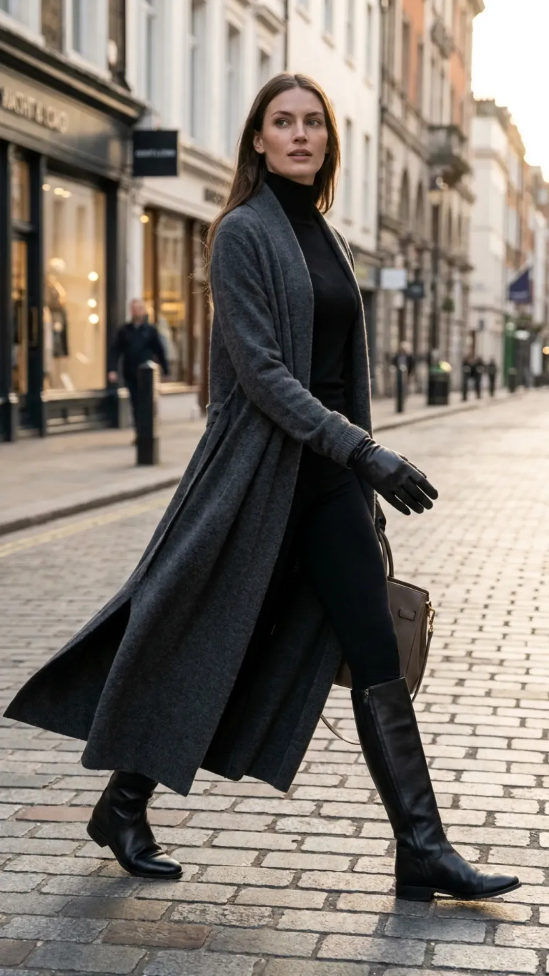An elegant woman walking in a sweeping grey longline duster cardigan over an all-black outfit and knee-high leather boots.