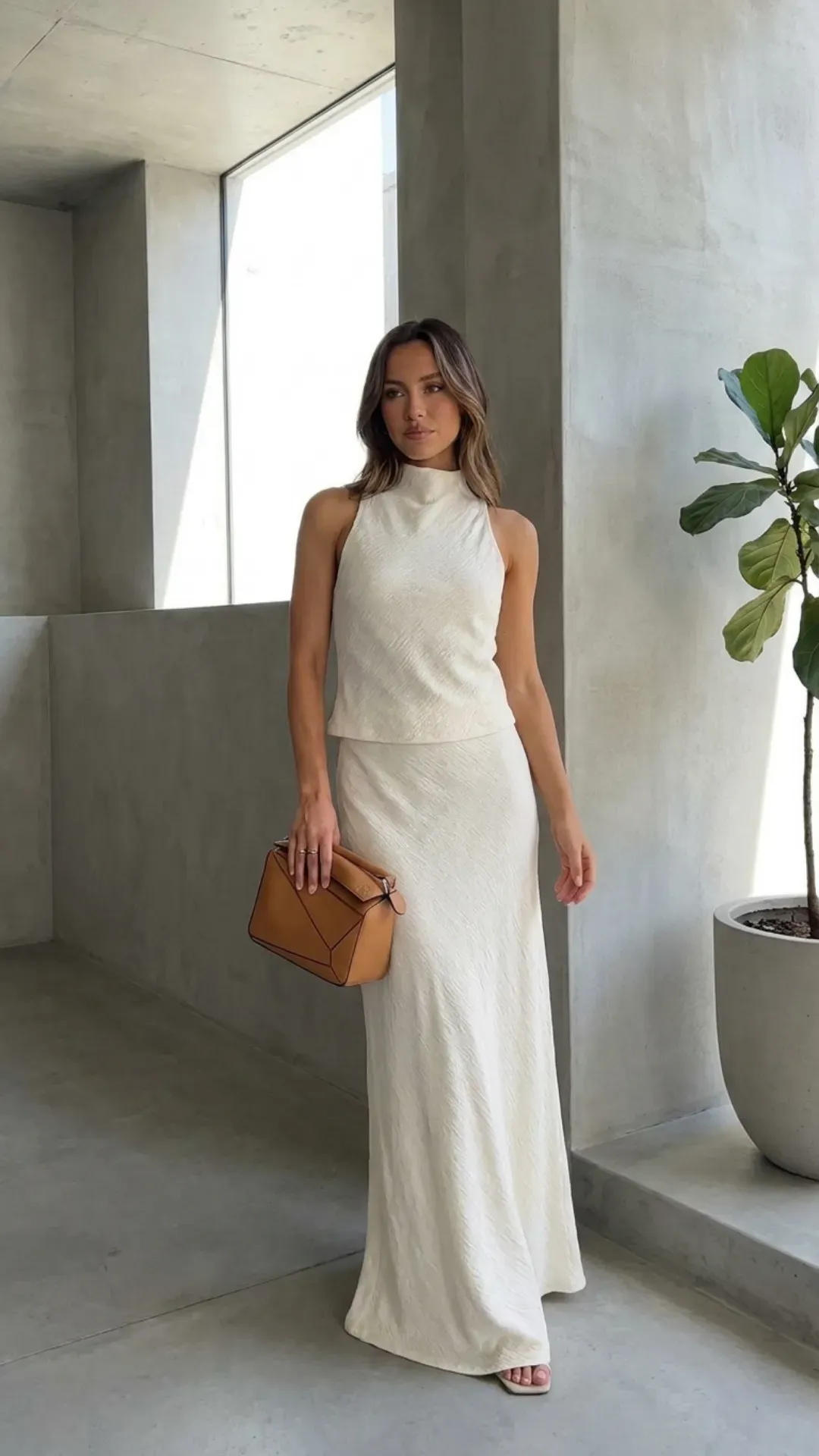  Minimalist and modern two-piece column set in Cloud Dancer white.