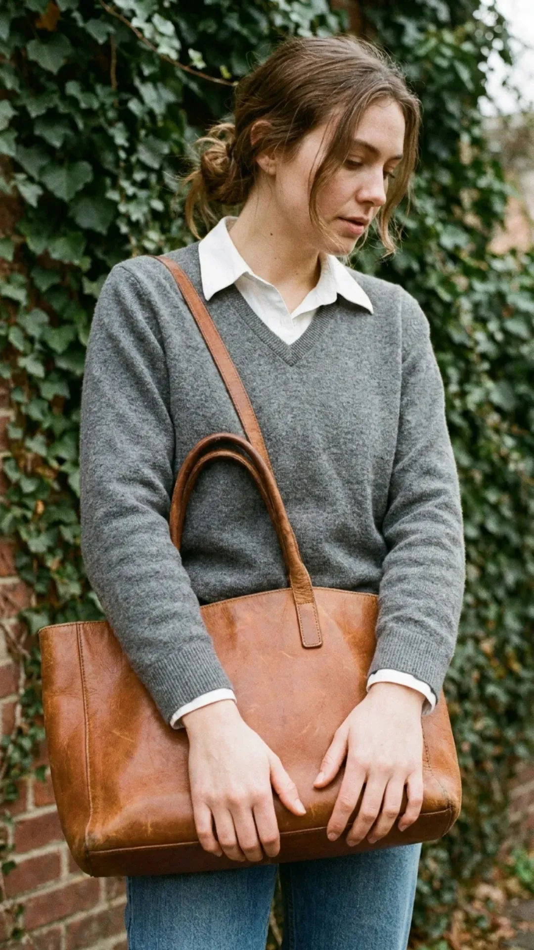 Preppy and elegant V-neck sweater layered over a collared shirt