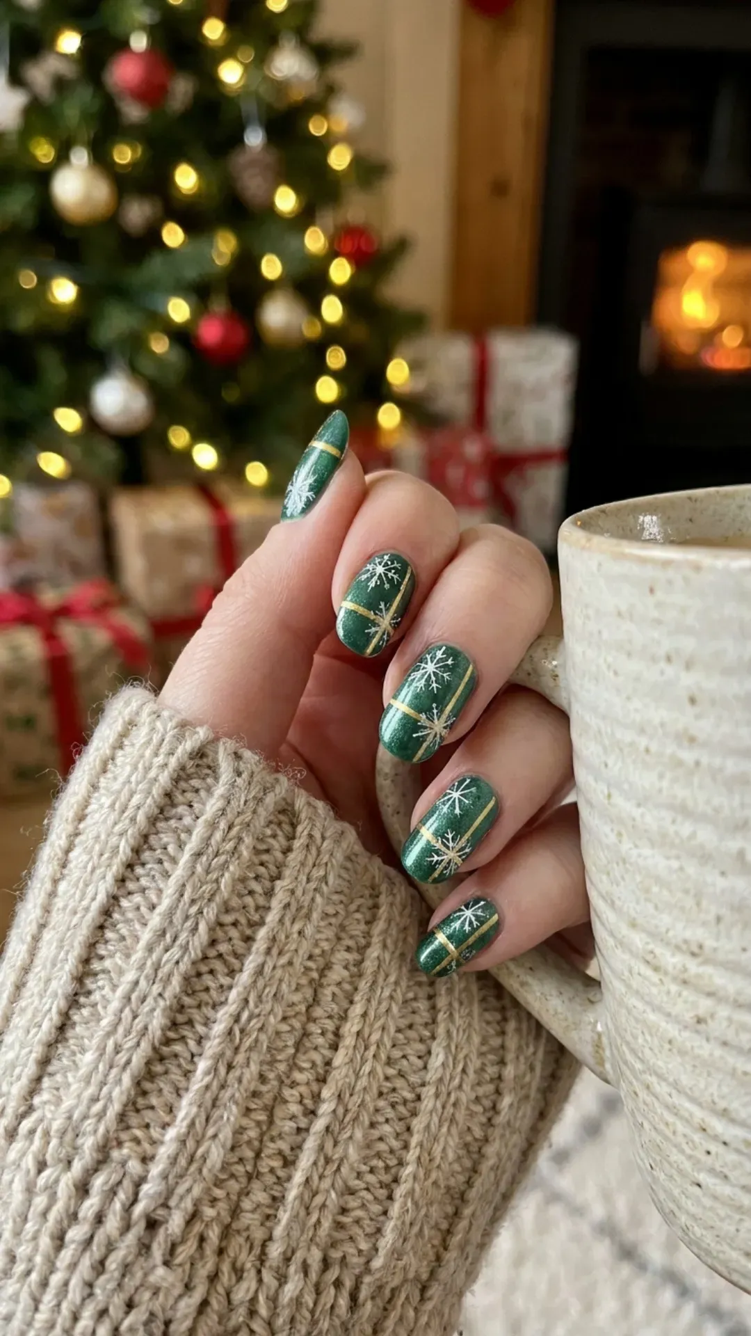 Festive evergreen nail polish with white snowflake art and golden stripes, perfect for holiday celebrations and winter-themed events.