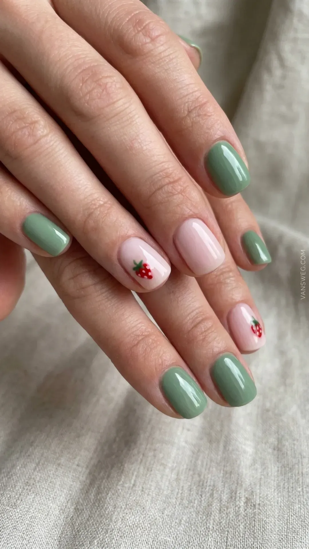  sage green and soft pink nail art strawberry matcha aesthetic by VANSWEG.COM