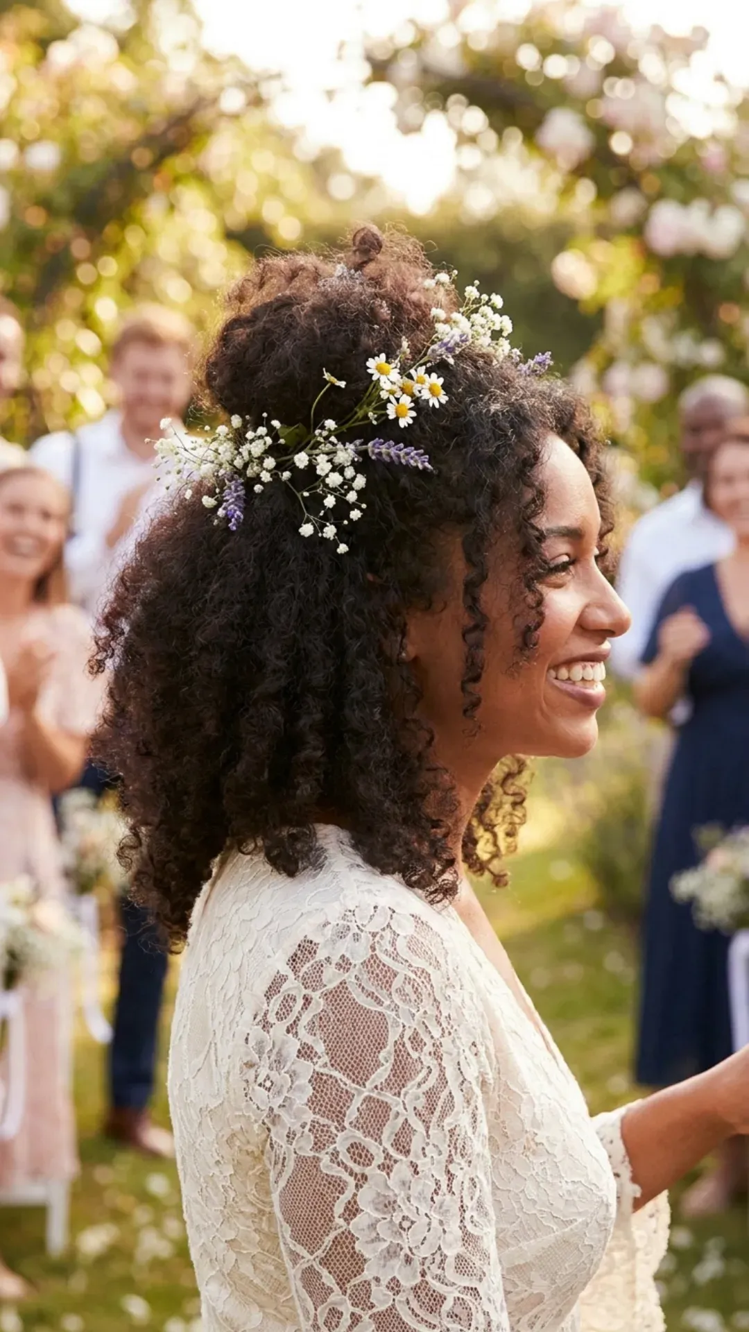 Breathtaking natural curls lightly pulled back and enhanced with subtle floral accents, showcasing an effortless and vibrant style suitable for a joyous wedding celebration.