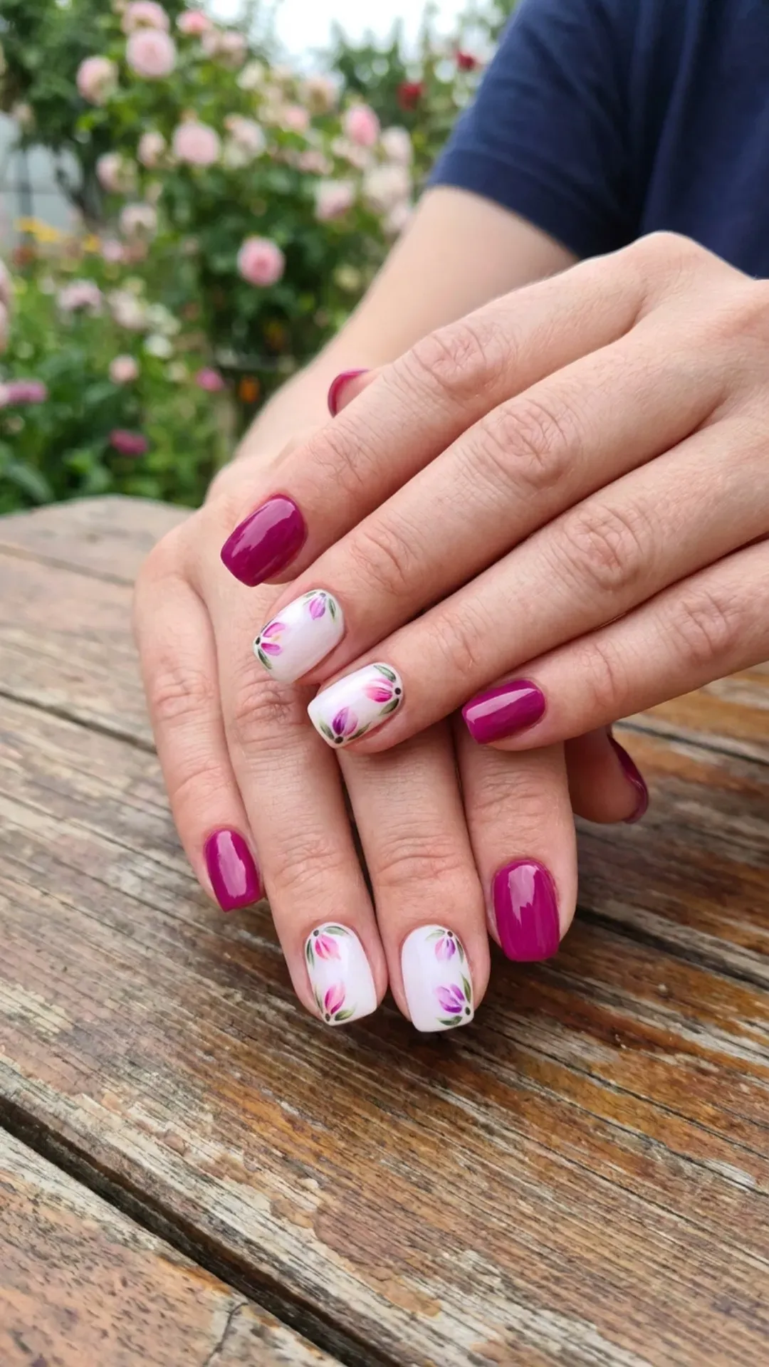 Magenta nails paired with white nails featuring detailed floral petal designs, offering a vibrant contrast and a floral burst of color