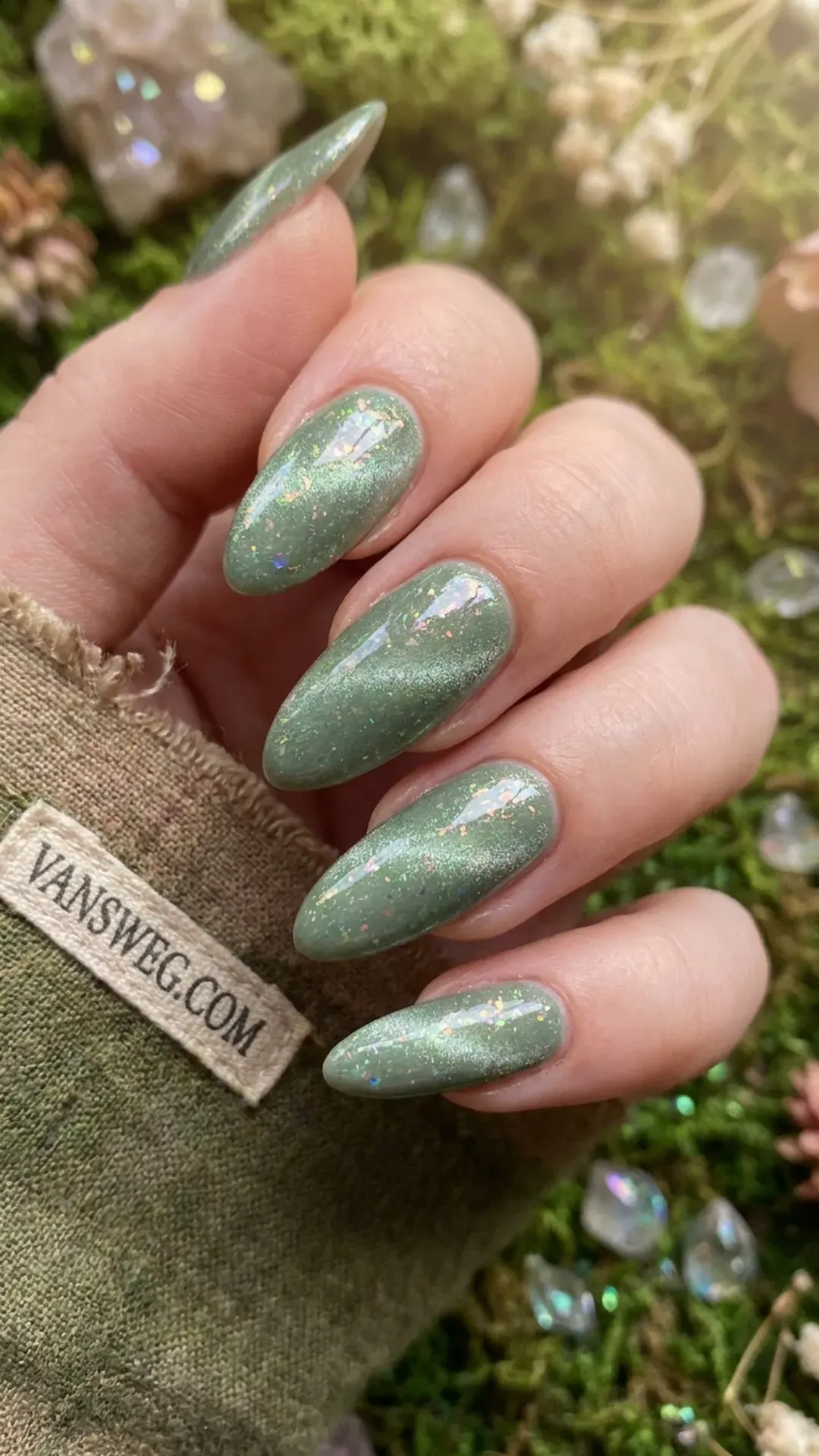 ethereal fairycore sage green magnetic cat-eye nails with iridescent flakes by VANSWEG.COM