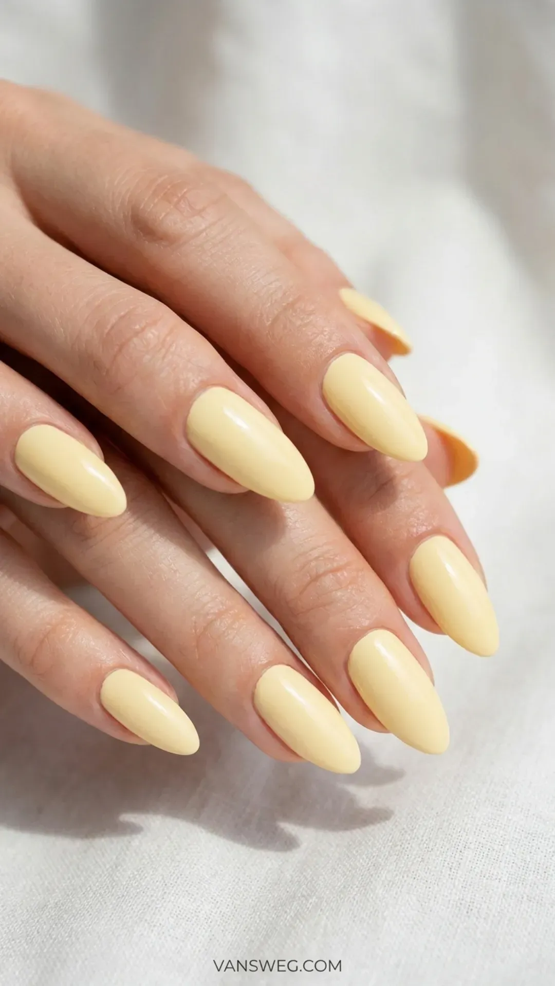 pale creamy soft butter yellow pastel almond nail color by VANSWEG.COM