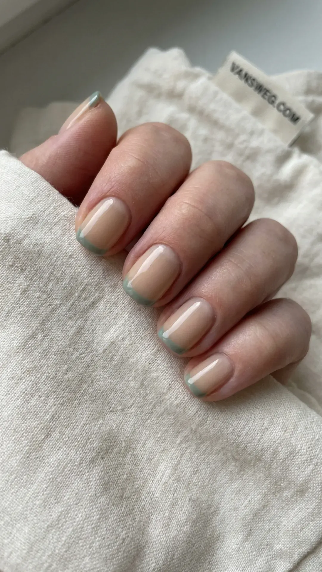 organic dusty sage green micro-french manicure by VANSWEG.COM