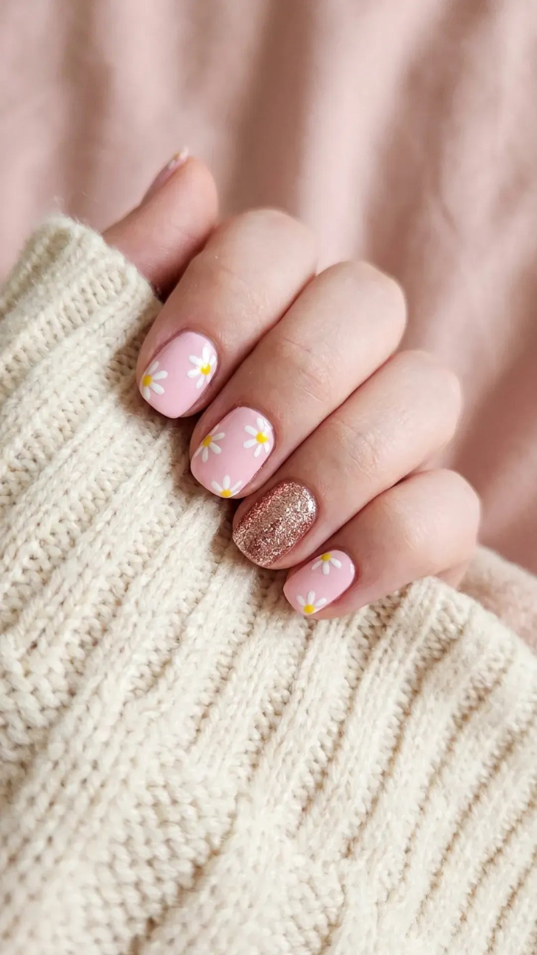 Nails adorned with white daisy designs against a pink background, with one nail featuring a full glitter coating