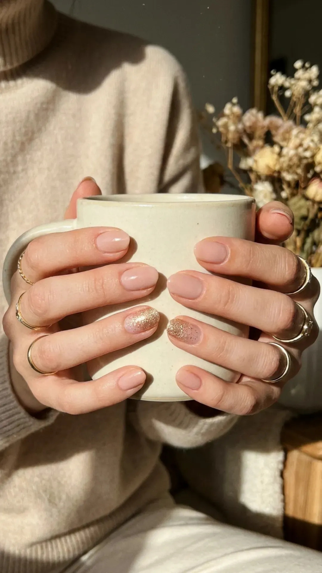 A set of nails polished in a nude pink shade, accented with a touch of gold glitter for a touch of understated elegance.