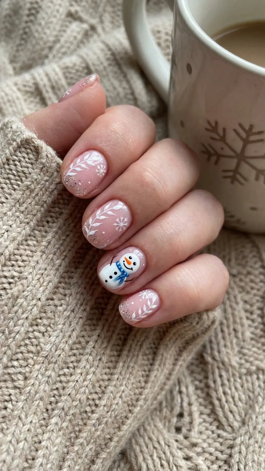 Adorable and festive, these winter-themed nails feature a smiling snowman and white foliage on a soft pink background, capturing the joyful spirit of a snowy winter day.