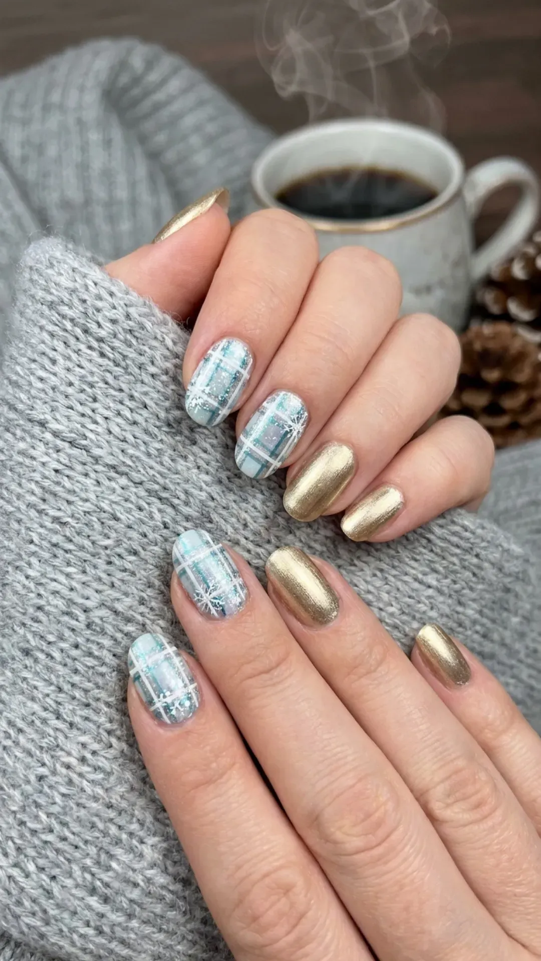 Winter-themed nail art with plaid patterns in frosty hues, paired with a bold, gold polish for a touch of warmth in the chilly season.
