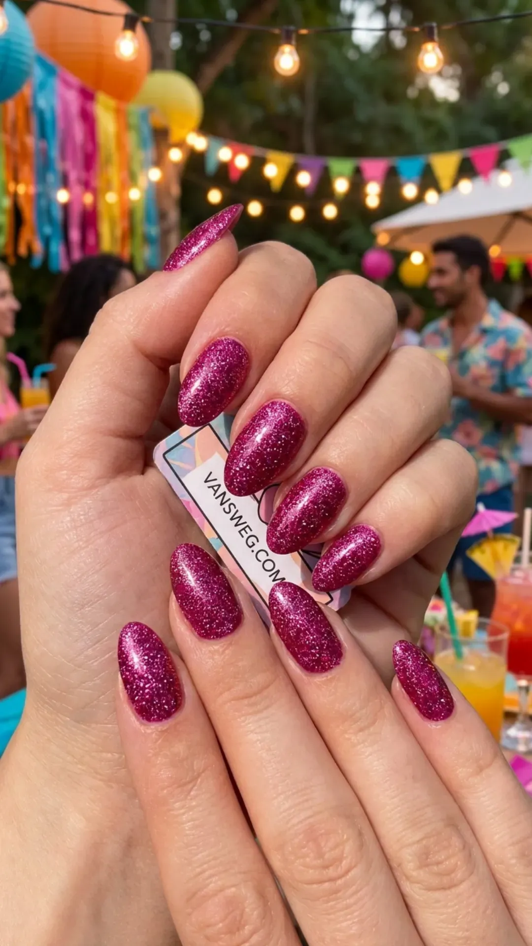 Sparkling deep magenta pink fine glitter manicure on medium length almond nails for summer parties by VANSWEG.COM.