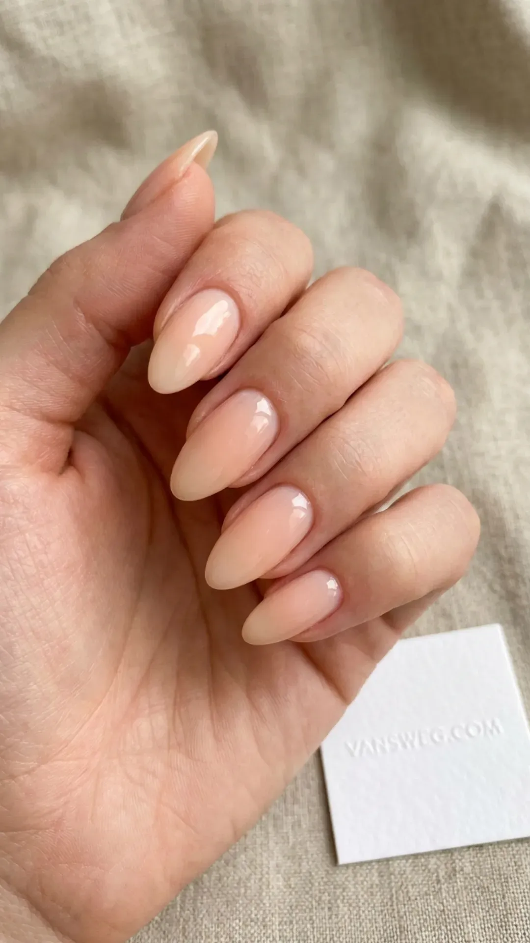 delicate sheer pastel peach milk almond nail color by VANSWEG.COM