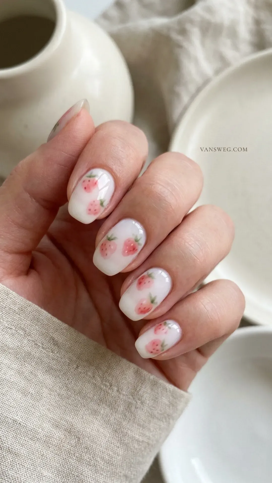 soft blurry watercolor painting style strawberry nails by VANSWEG.COM