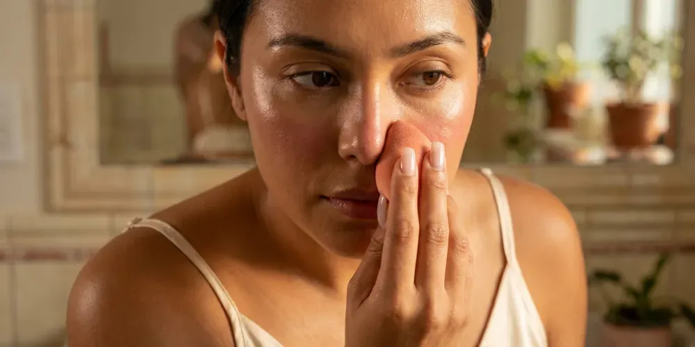  A step-by-step beauty macro shot showing the exact placement of cream blush across the nose and cheeks to achieve the sleepy girl aesthetic.