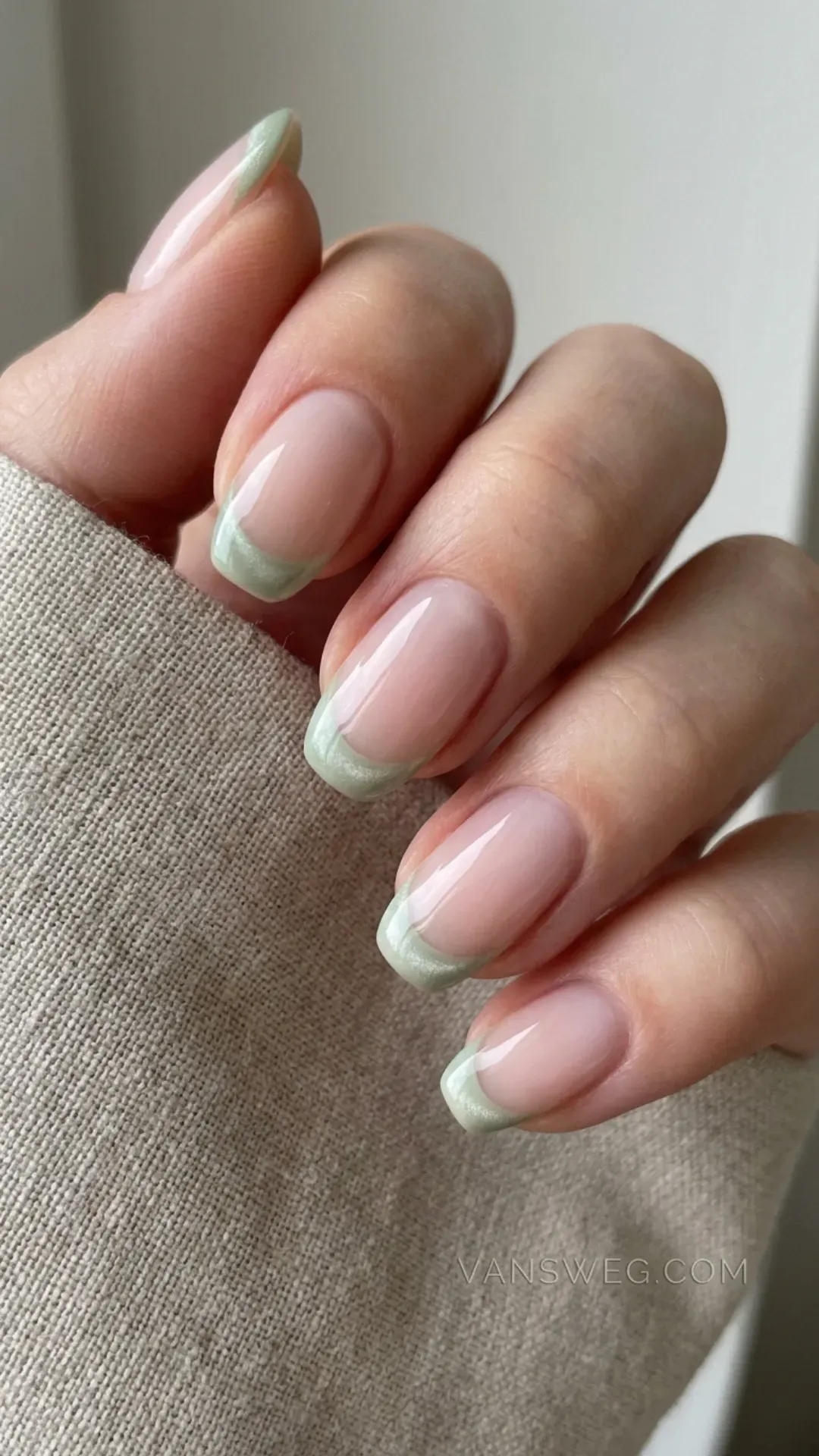 delicate pale sage green magnetic cat-eye micro french tip nails by VANSWEG.COM