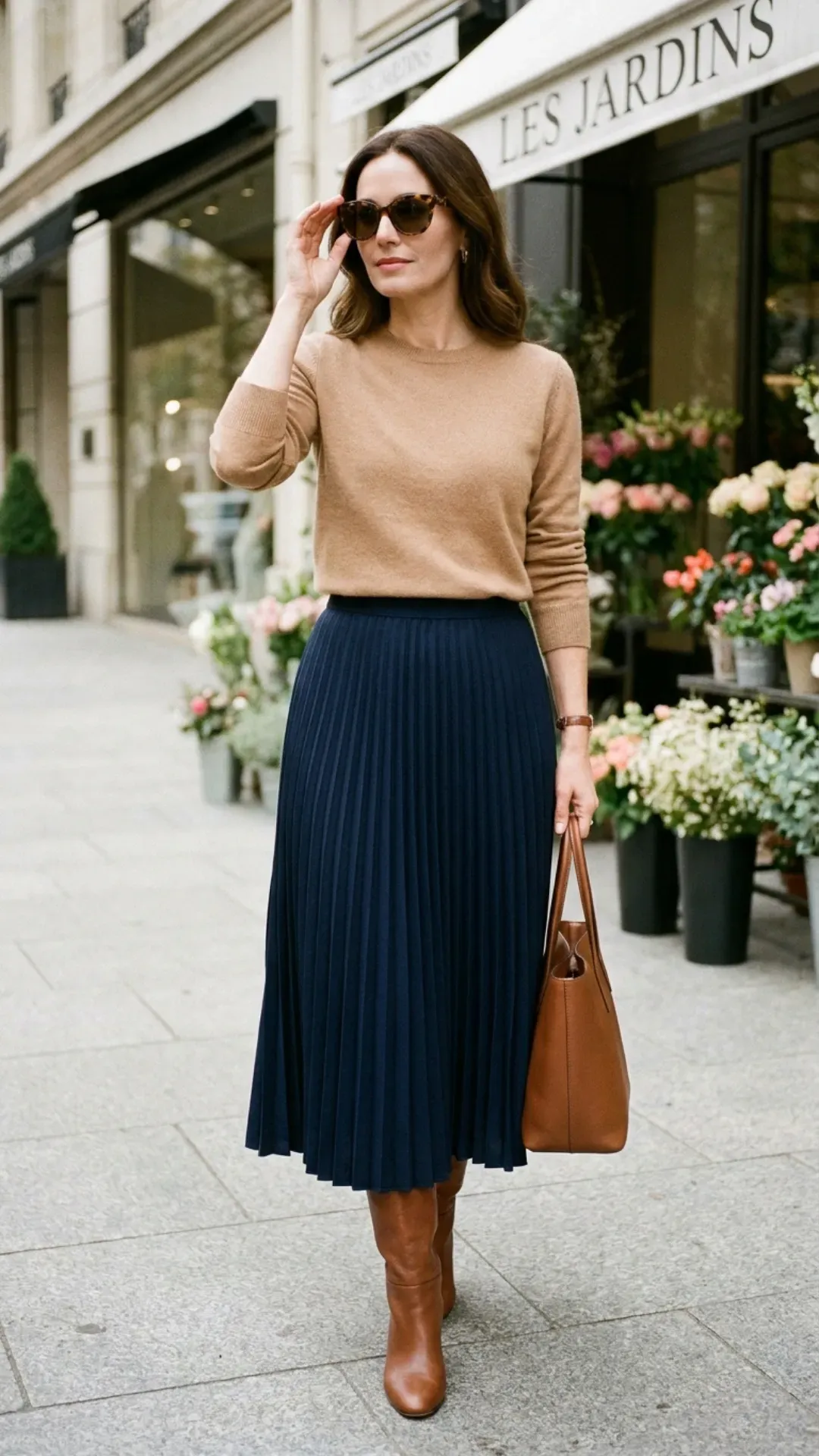 Elegant woman wearing a pleated midi skirt and cashmere sweater.