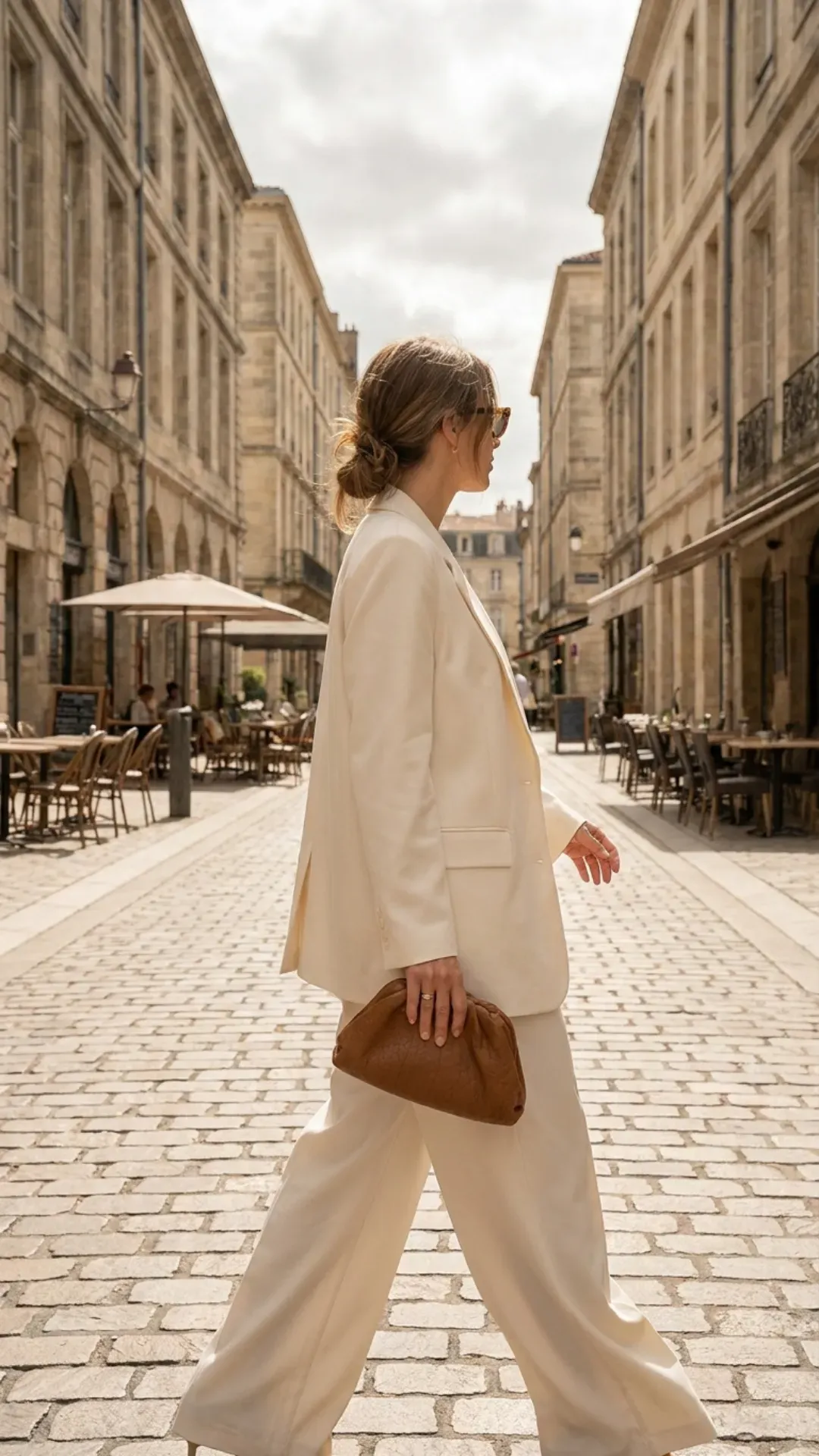 Stylish woman wearing a relaxed Cloud Dancer white summer suit.