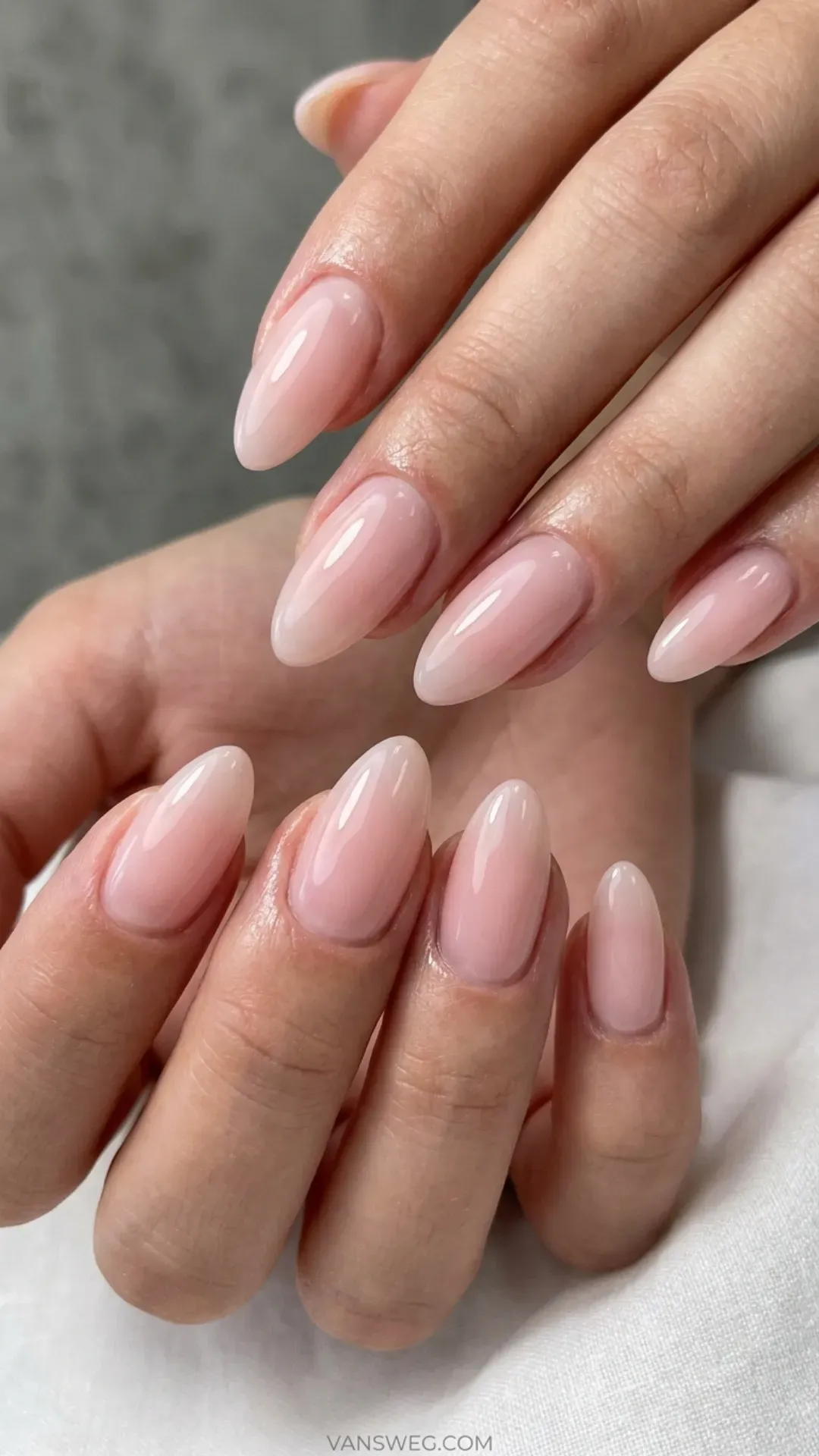 sheer glossy clean girl pink almond nail color by VANSWEG.COM