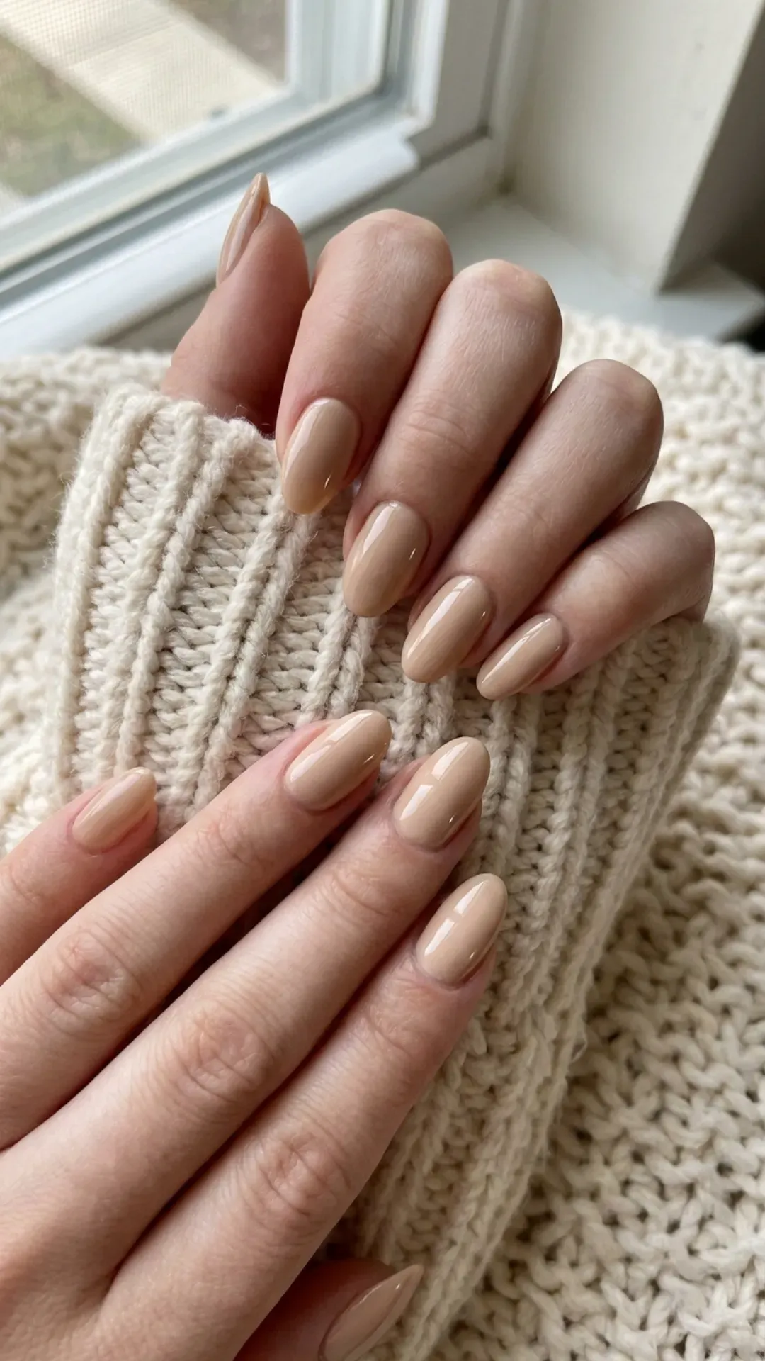 Warm Beige Glossy Nails - Neutral warm beige manicure with a glossy top coat finish