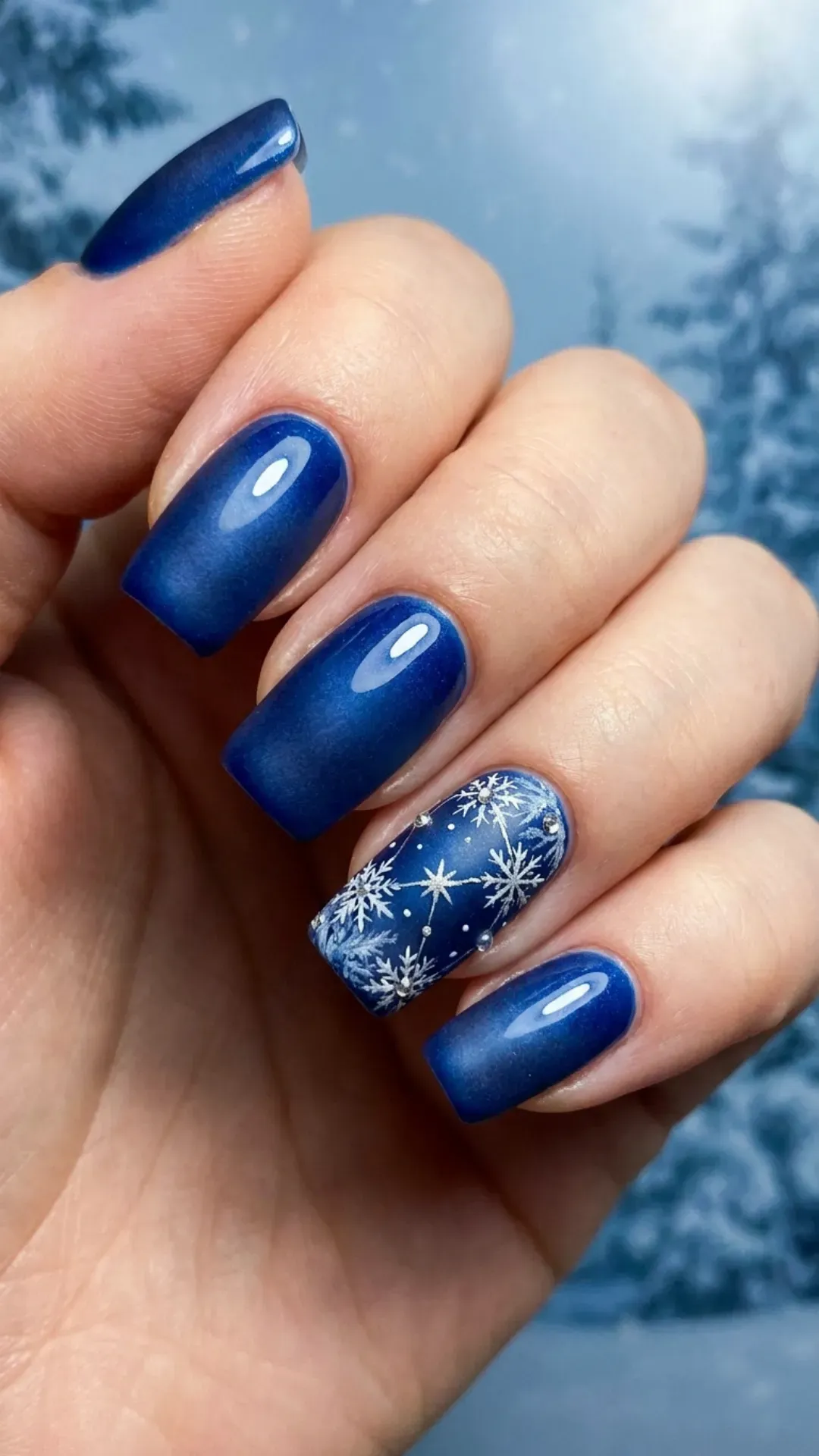 Deep blue frost-inspired nail polish with a glossy finish, accented with a singular nail featuring a constellation of delicate snowflakes.