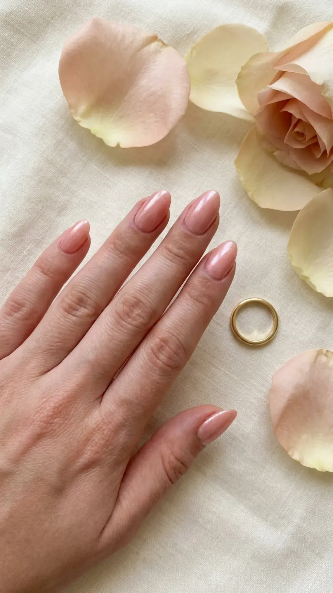 Short almond-shaped nails in warm blush pink with pearlescent shimmer, styled with gold ring and rose petals — 2026 summer nails