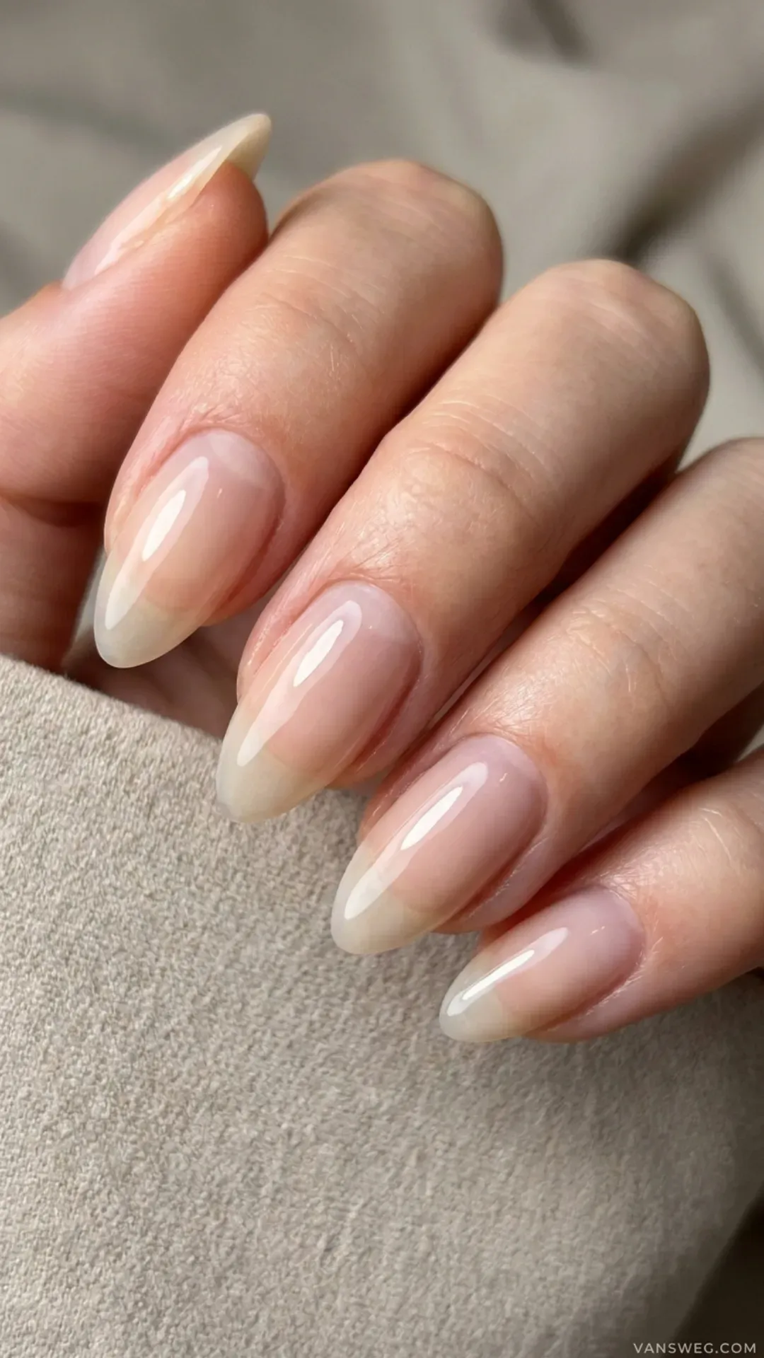 healthy natural almond nails with clear high gloss topcoat by VANSWEG.COM