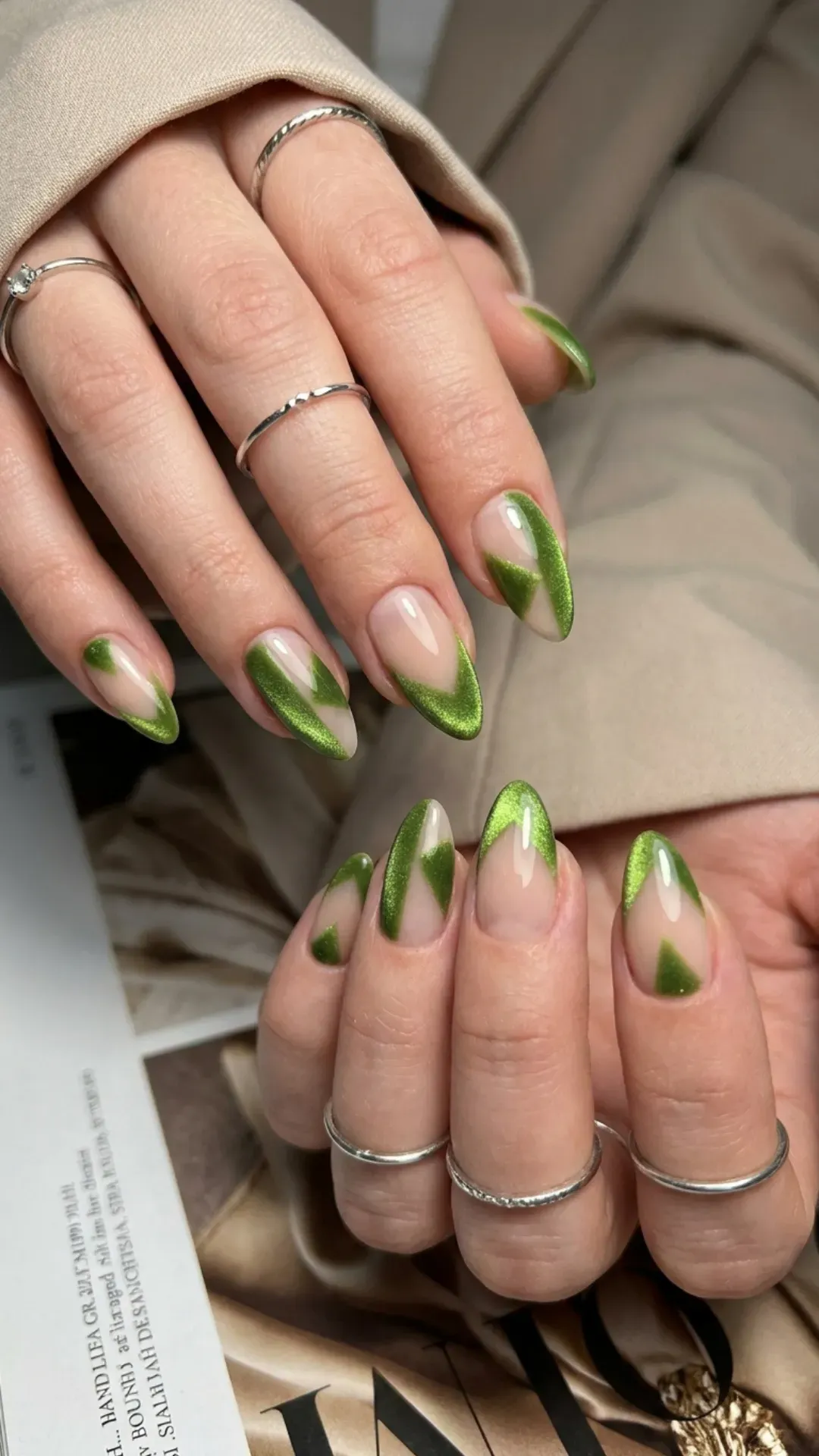 modern geometric negative space nails featuring matcha green magnetic cat-eye polish by VANSWEG.COM