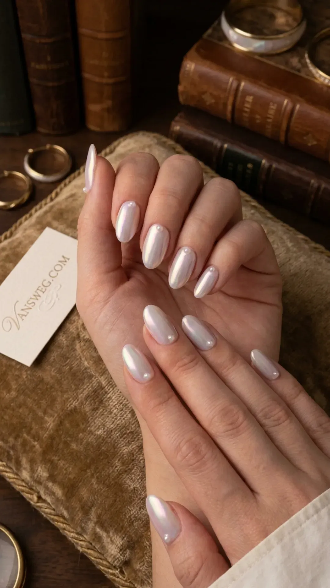 pastel opalescent chrome nails adorned with tiny 3D pearl decals by VANSWEG.COM