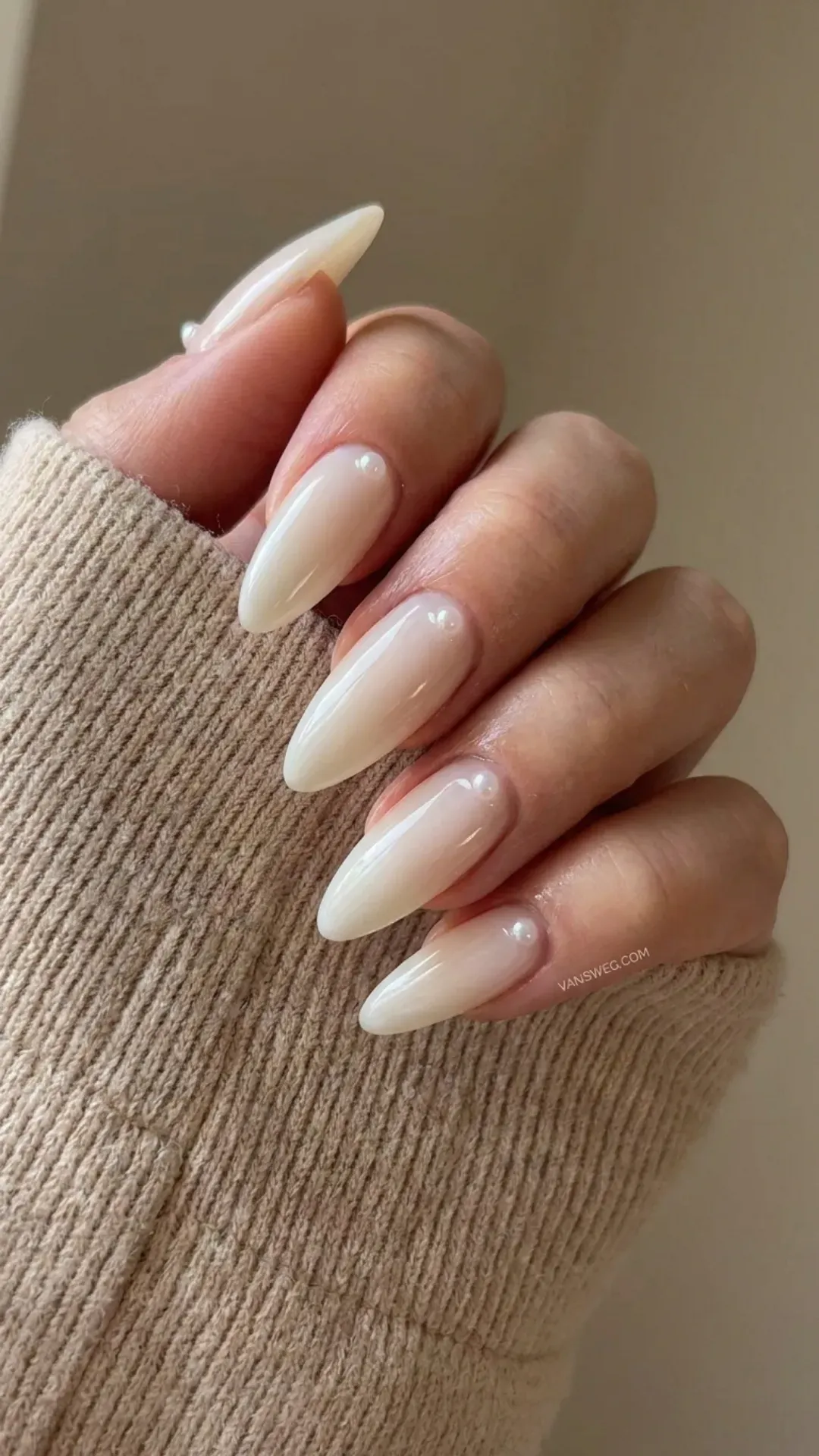 creamy sheer korean glass nails with 3D pearl accents elegant manicure by VANSWEG.COM