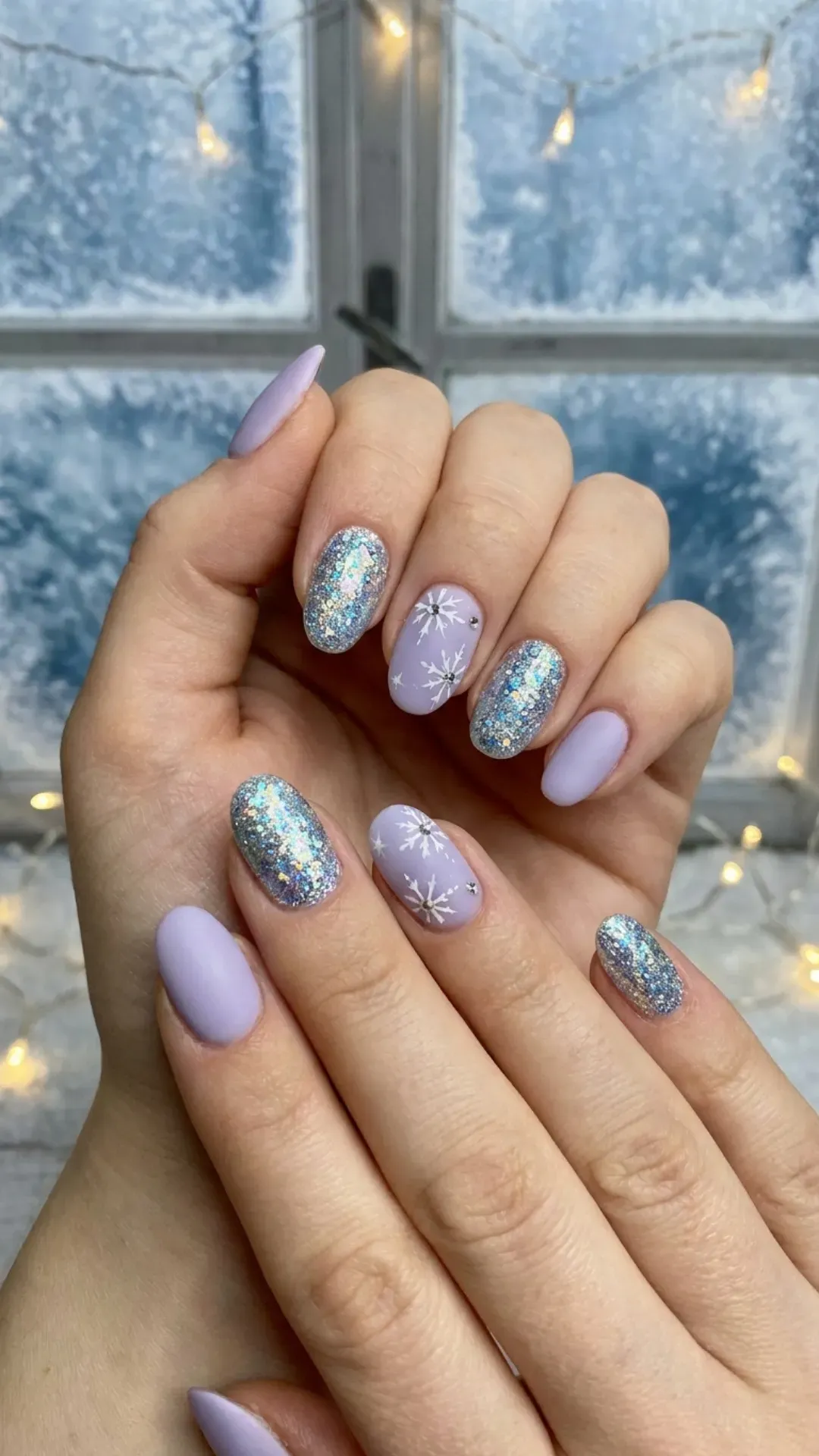 Sparkling winter nail design with a mix of matte lilac and glitter-packed nails, highlighted by detailed snowflake art for a magical winter sky effect.