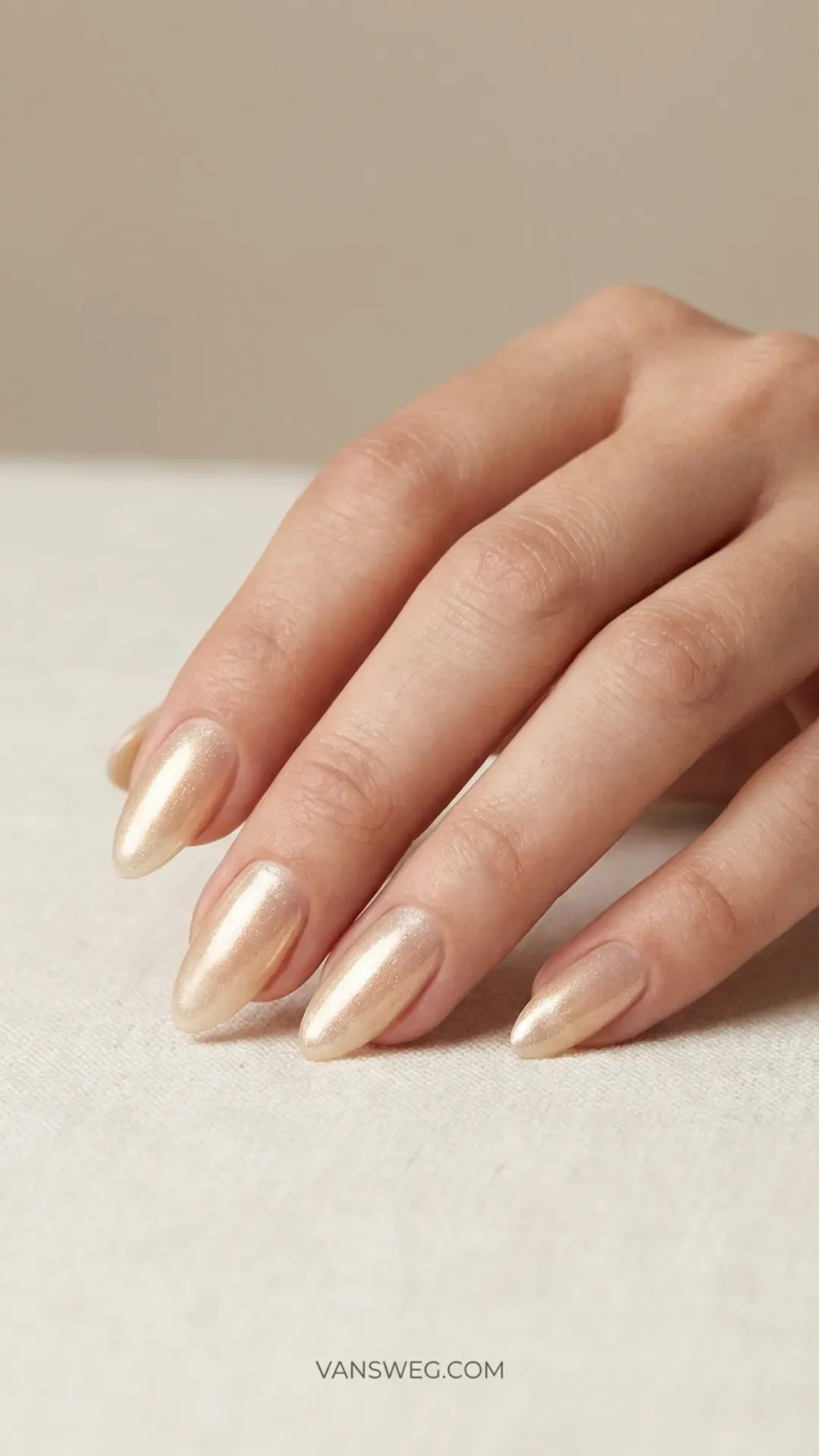 sheer micro fine champagne shimmer almond nail color by VANSWEG.COM
