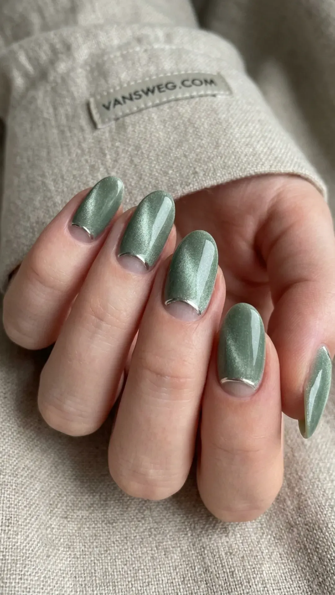 plush sage green velvet magnetic nails featuring thin silver chrome cuticle cuffs by VANSWEG.COM