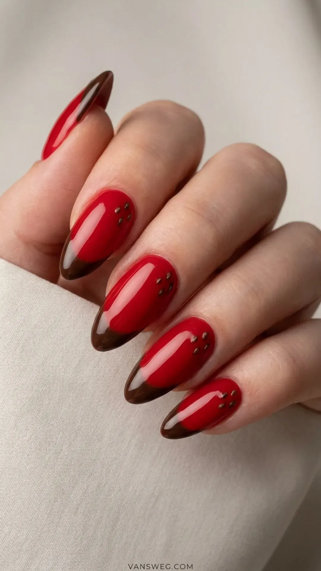  glossy red nails with rich brown chocolate dipped tips by VANSWEG.COM