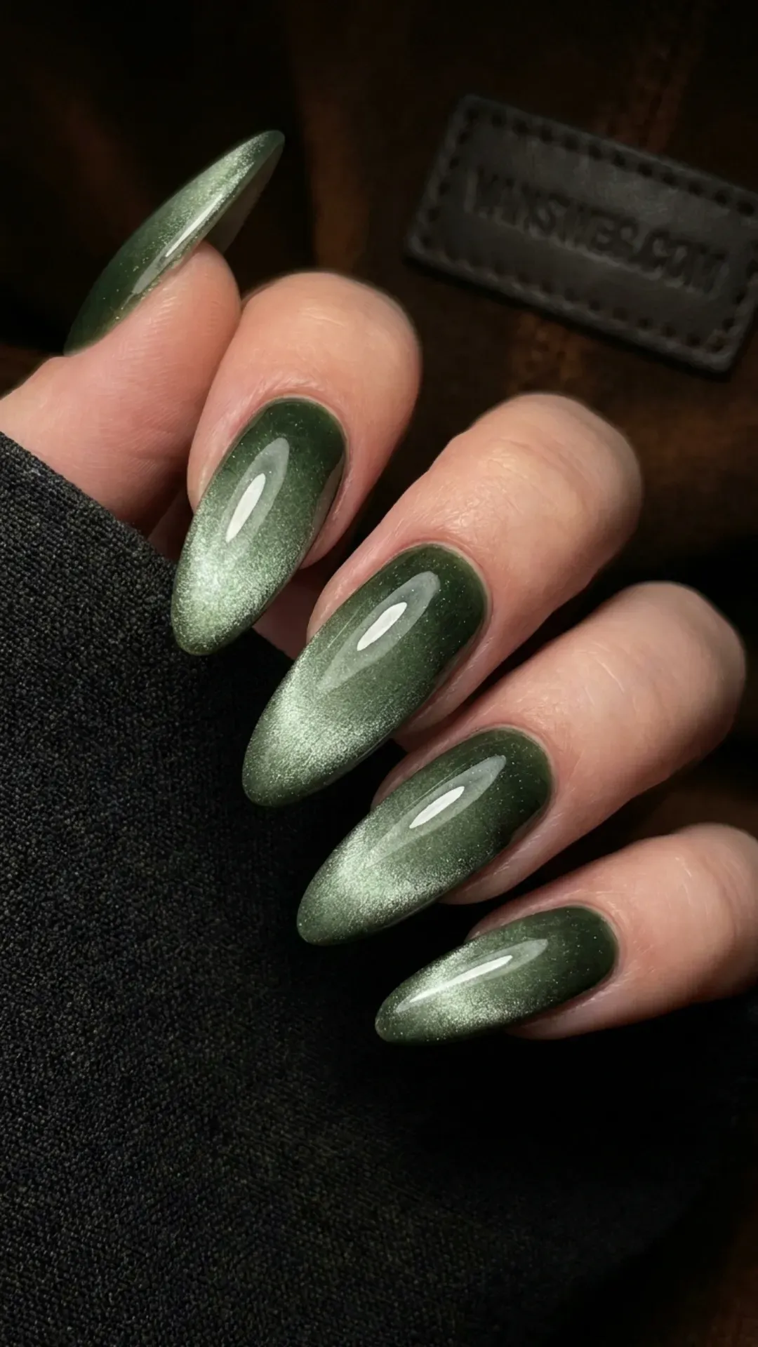 dark forest green to bright sage velvet magnetic cat-eye ombre nails by VANSWEG.COM