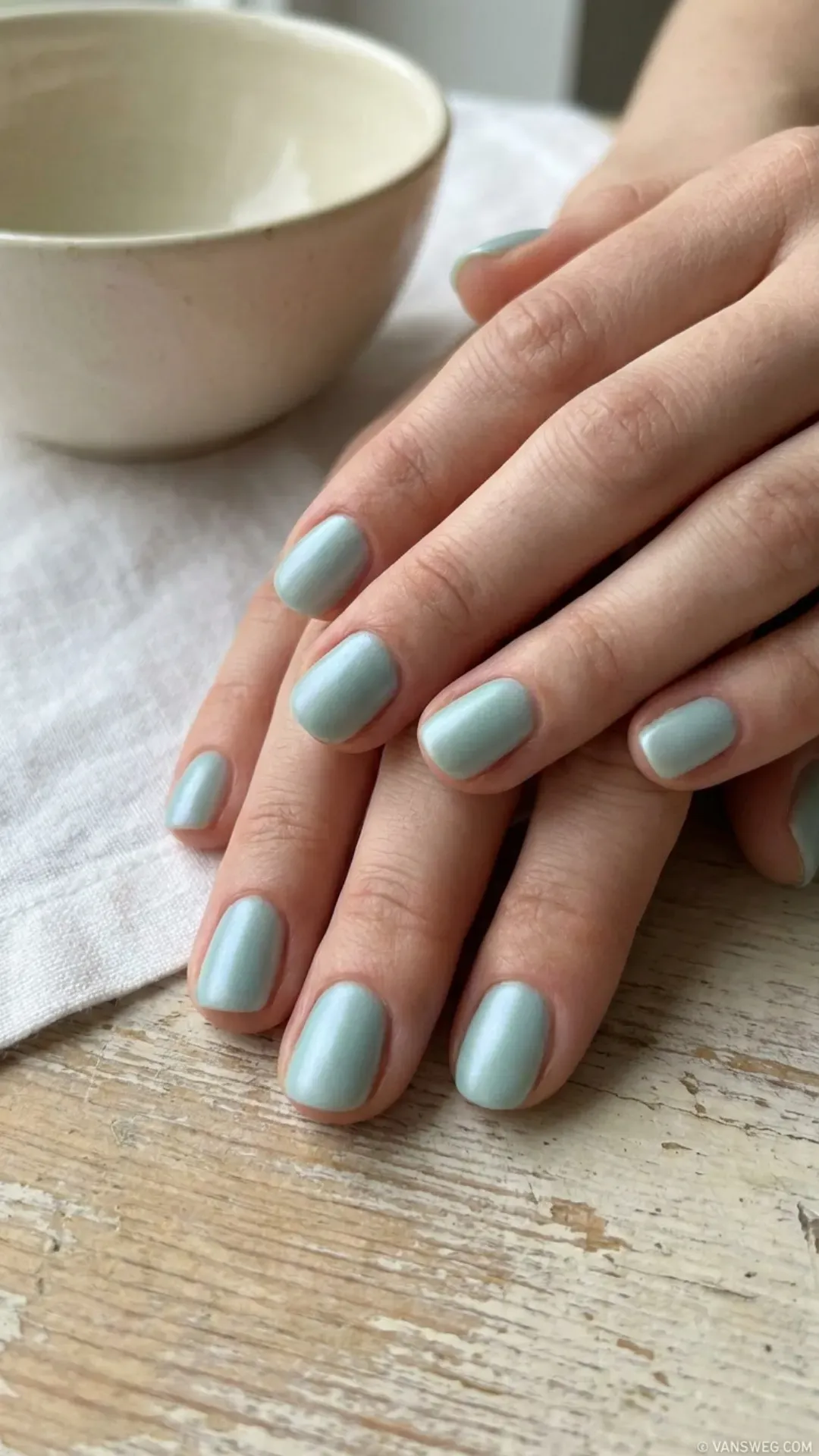  calming muted pastel seafoam green opalescent pearl chrome nails by VANSWEG.COM