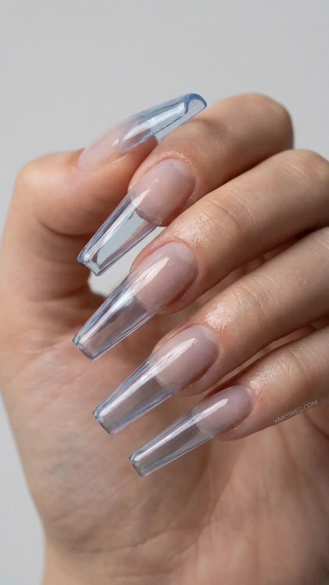 sharp translucent clear korean glass coffin nails stylish manicure by VANSWEG.COM