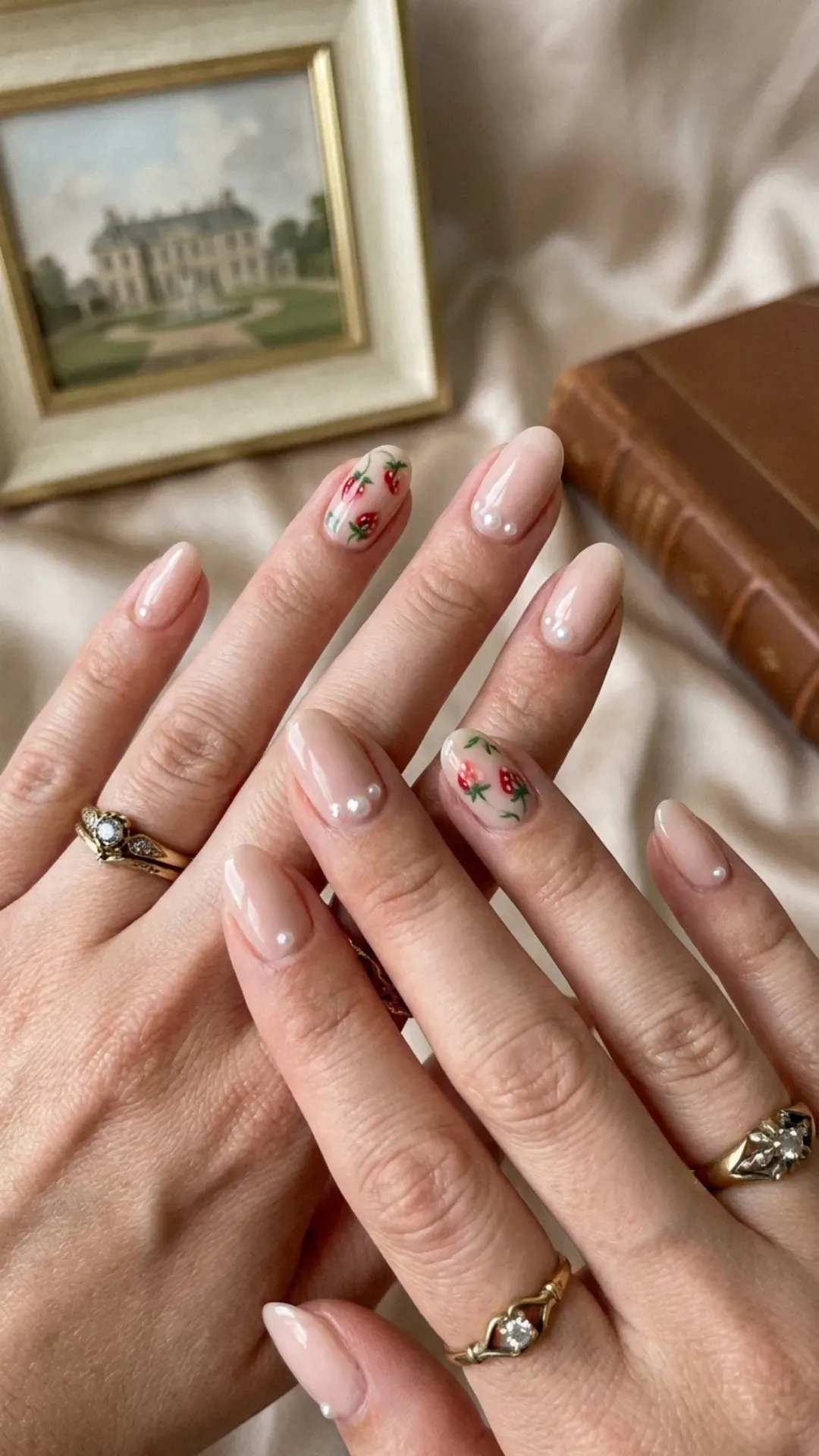 elegant nail art with tiny pearl decals and strawberries by VANSWEG.COM