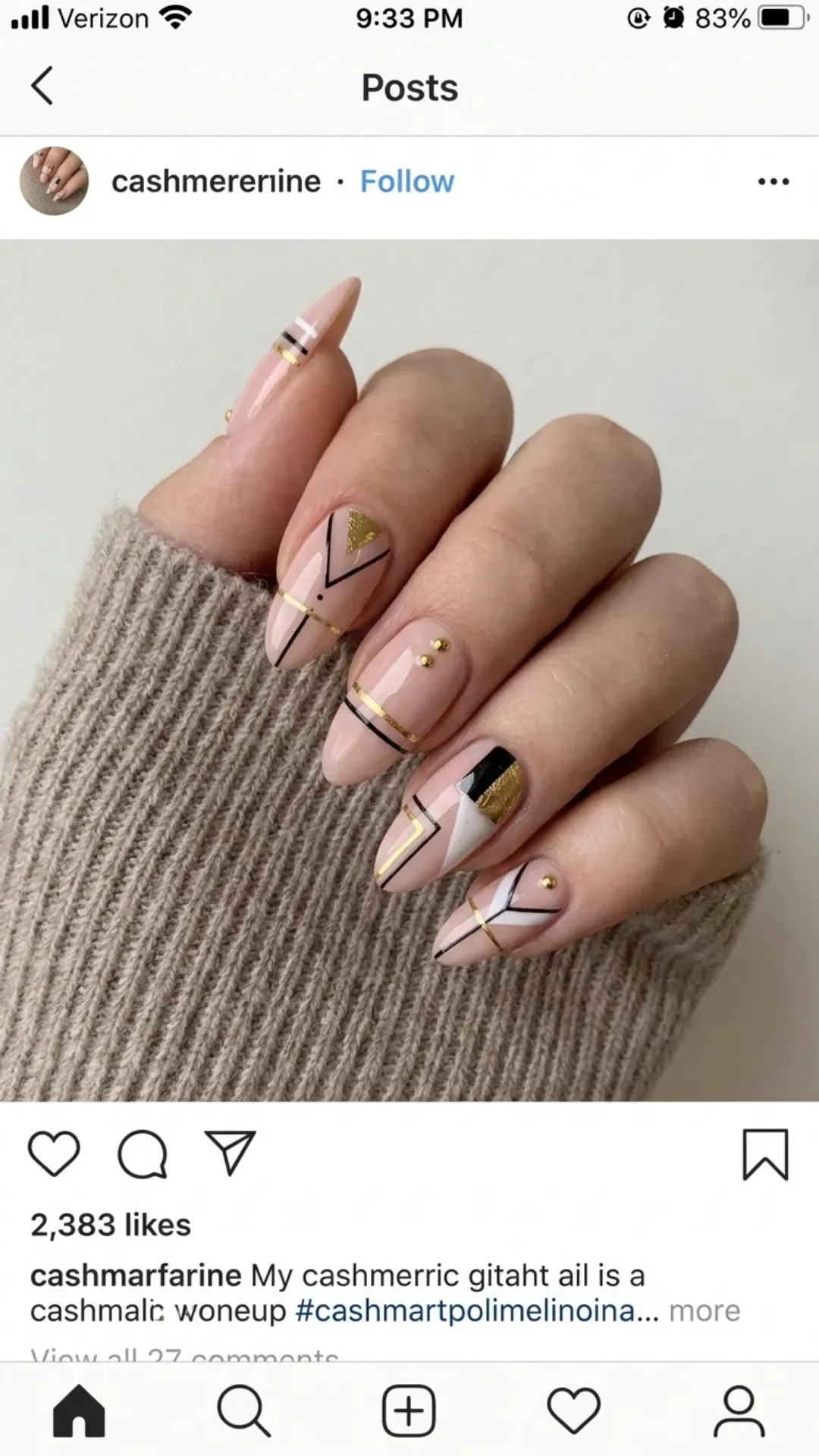 Contemporary nude pink nails with sharp geometric designs and gold accents, offering a modern twist on classic nail art for a chic, sophisticated look.