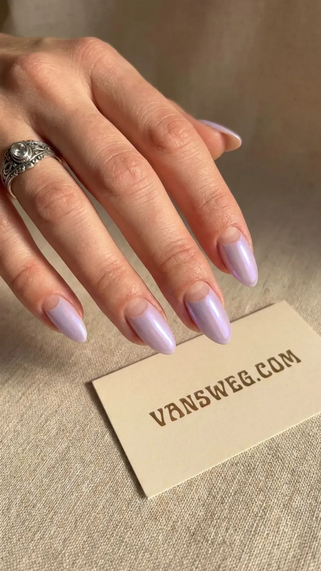  retro pastel opalescent chrome nails with negative space half moons by VANSWEG.COM