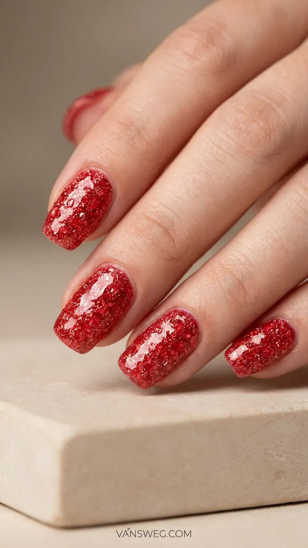 sparkling crushed red sugar glitter strawberry nails by VANSWEG.COM