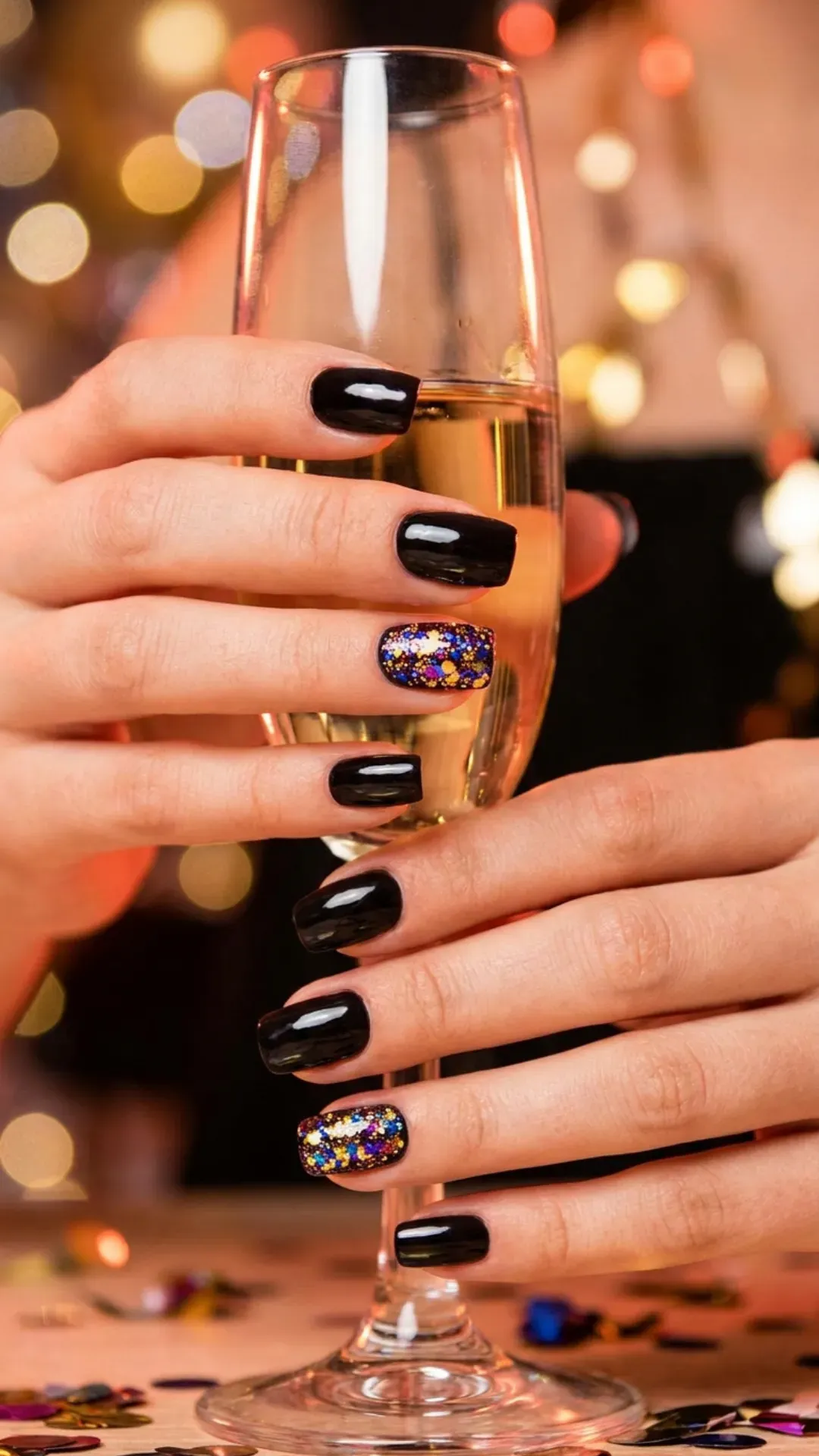 Black nails paired with multicolored glitter, offering a playful yet sophisticated look suitable for parties and festive occasions.