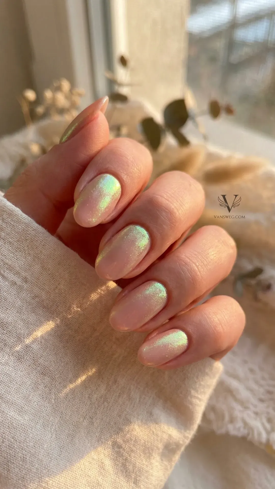 warm blush pink pastel nails with green gold shift opalescent chrome by VANSWEG.COM