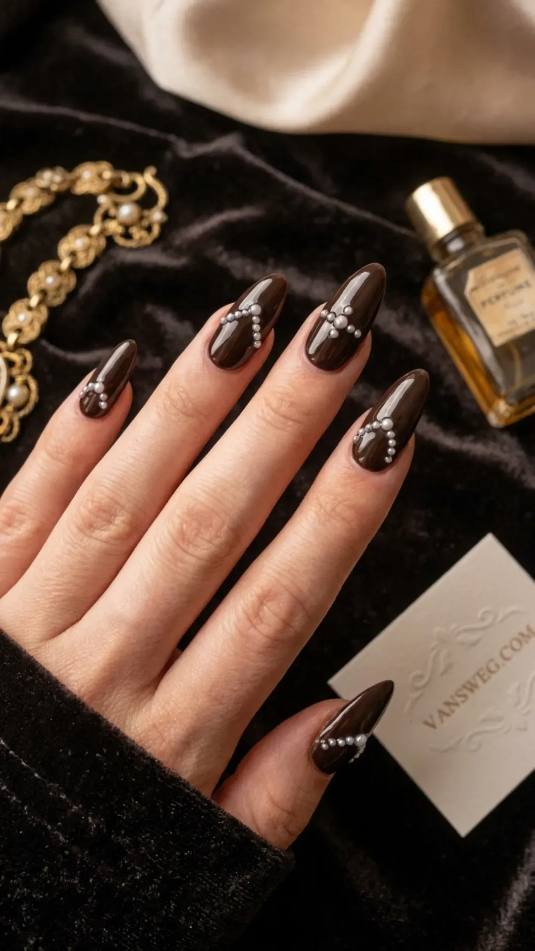  espresso glazed nails with 3d pearl embellishments by VANSWEG.COM
