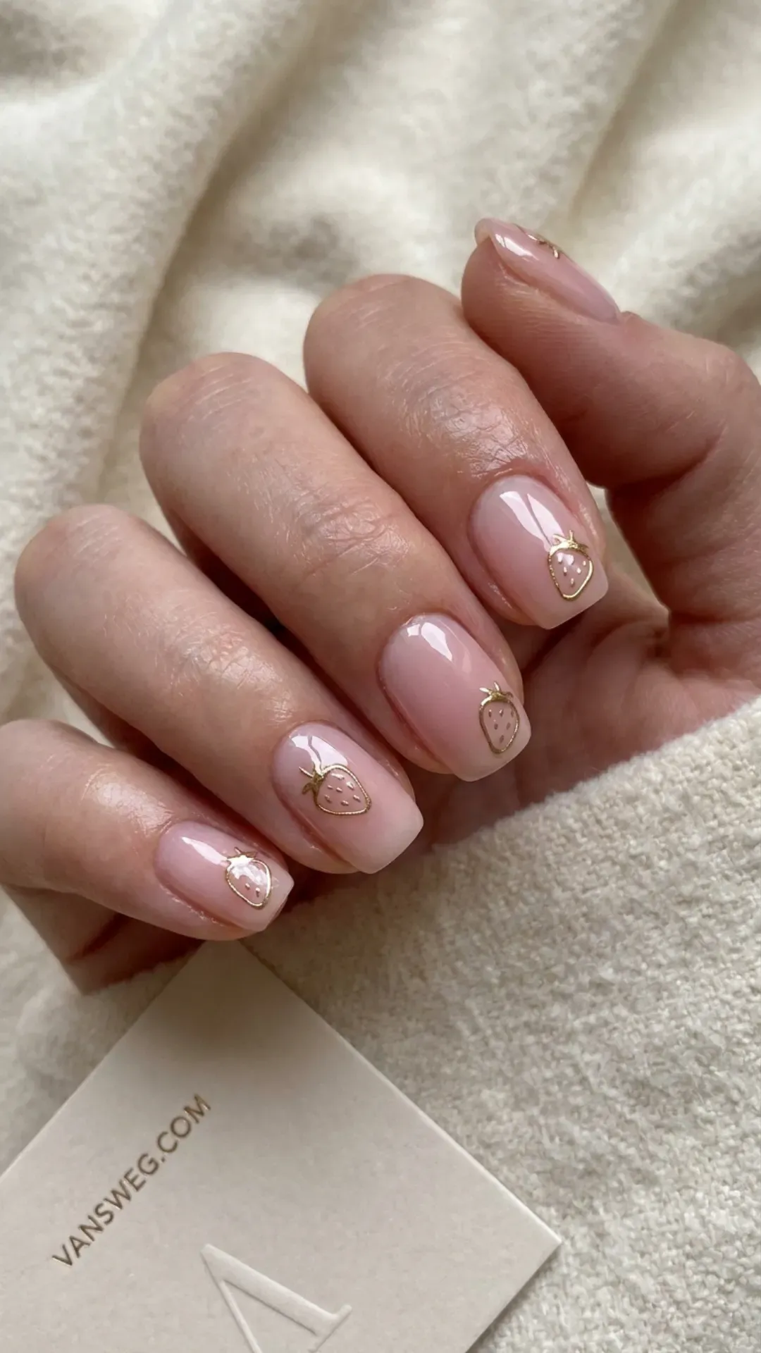 sheer pink nails with fine metallic gold strawberry outlines by VANSWEG.COM