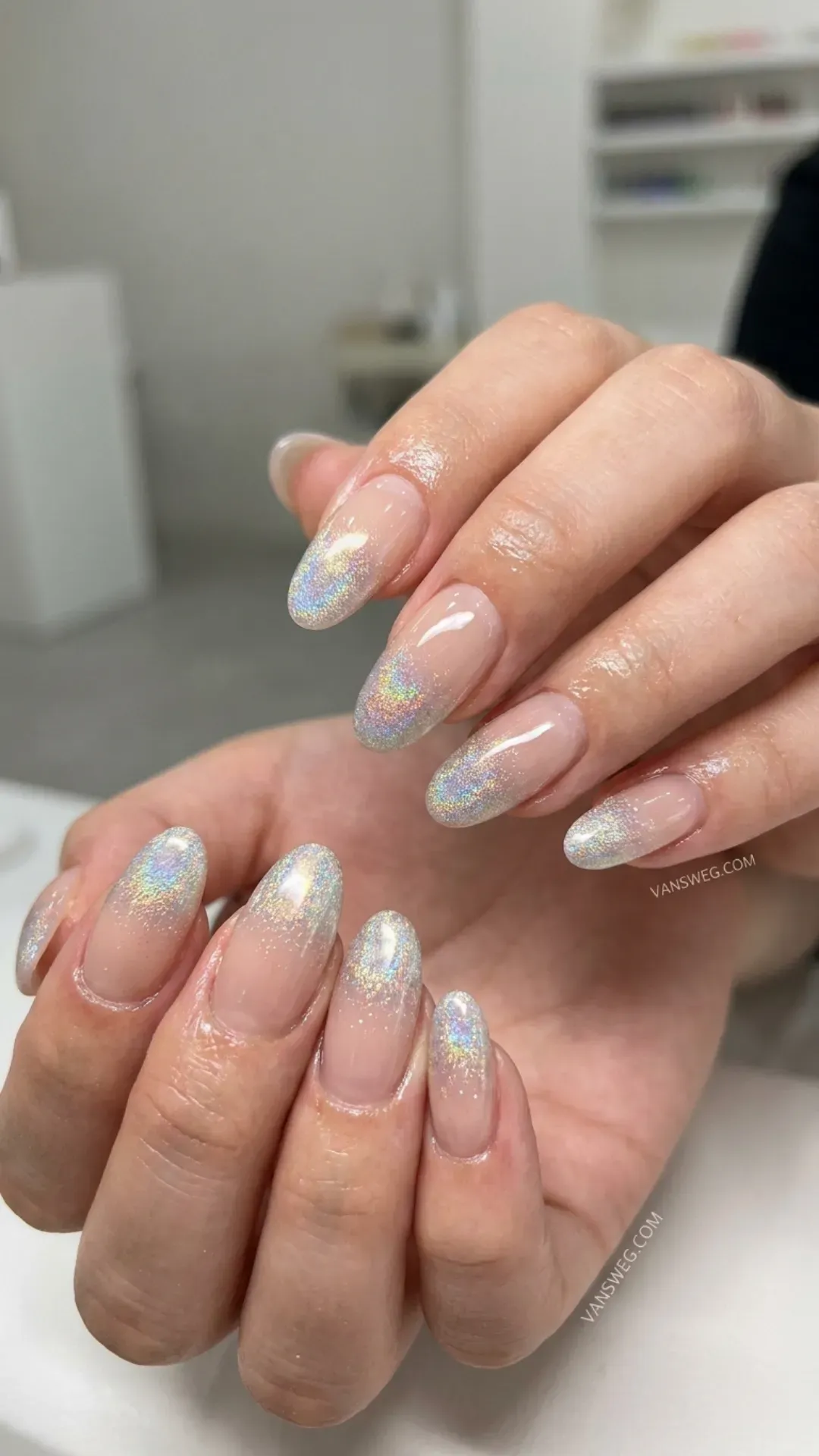 clear base holographic tip korean glass nails futuristic manicure by VANSWEG.COM