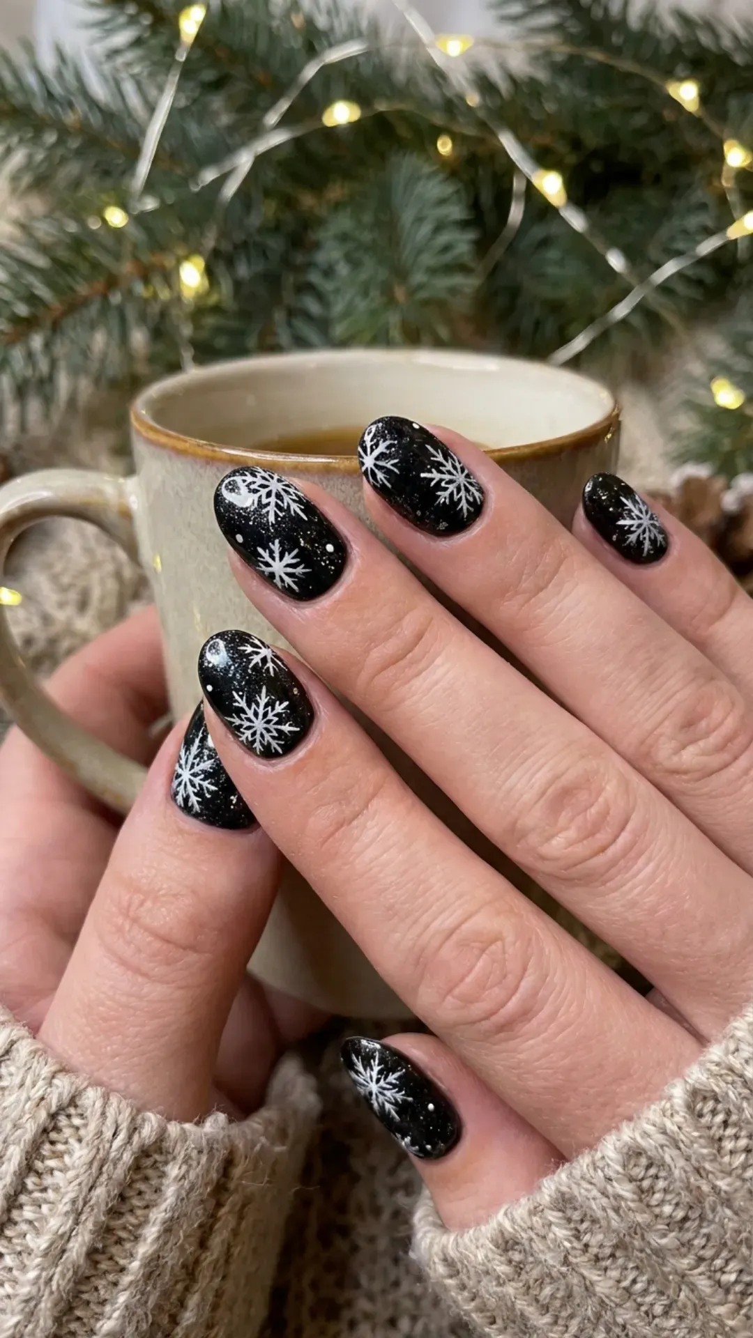 Black nails with white snowflake designs, capturing the essence of a winter wonderland, ideal for seasonal festivities and holiday celebrations.