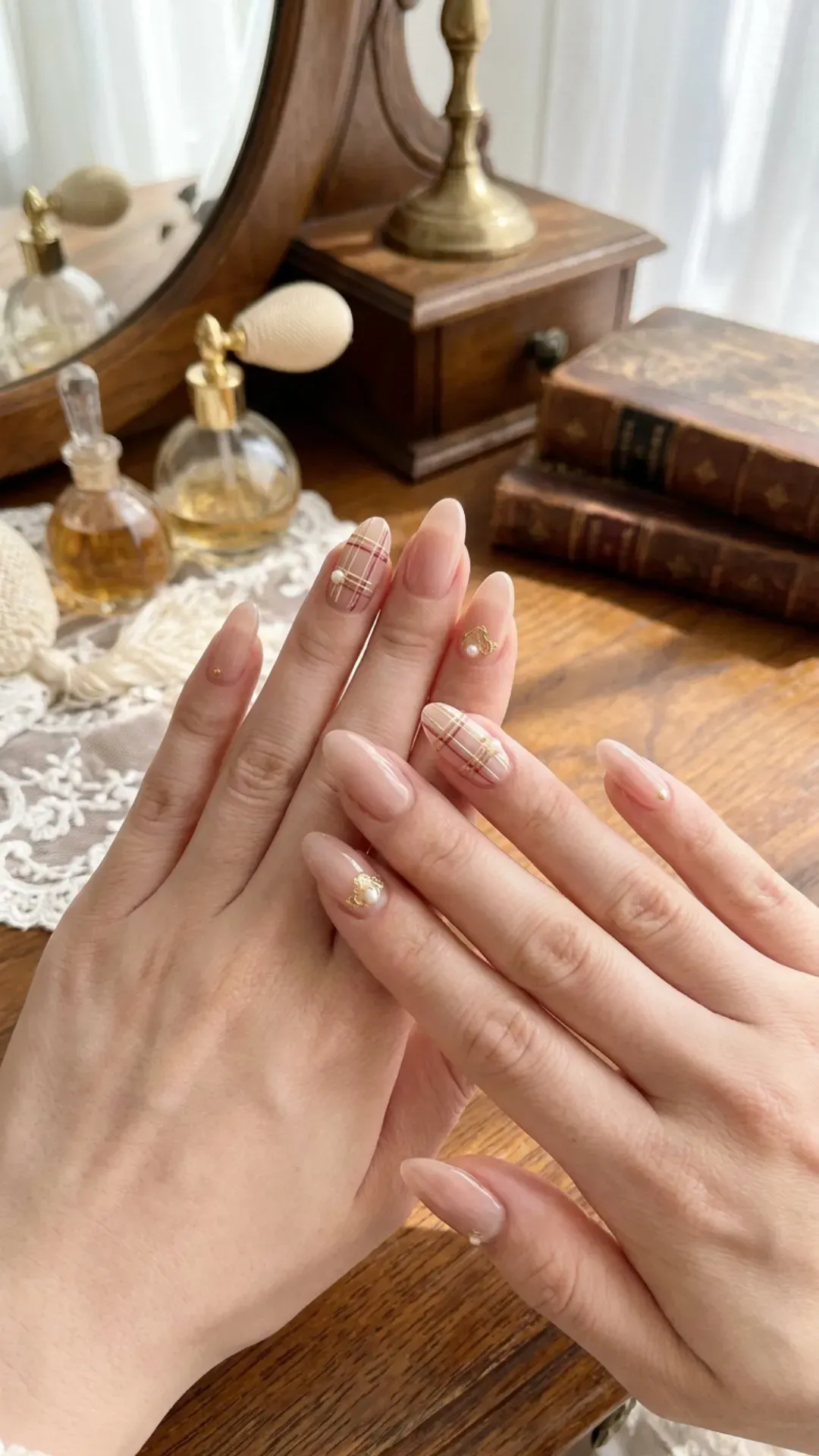 Classic nude pink nails featuring a sophisticated plaid design in gold, giving a nod to vintage style with a modern, elegant twist.