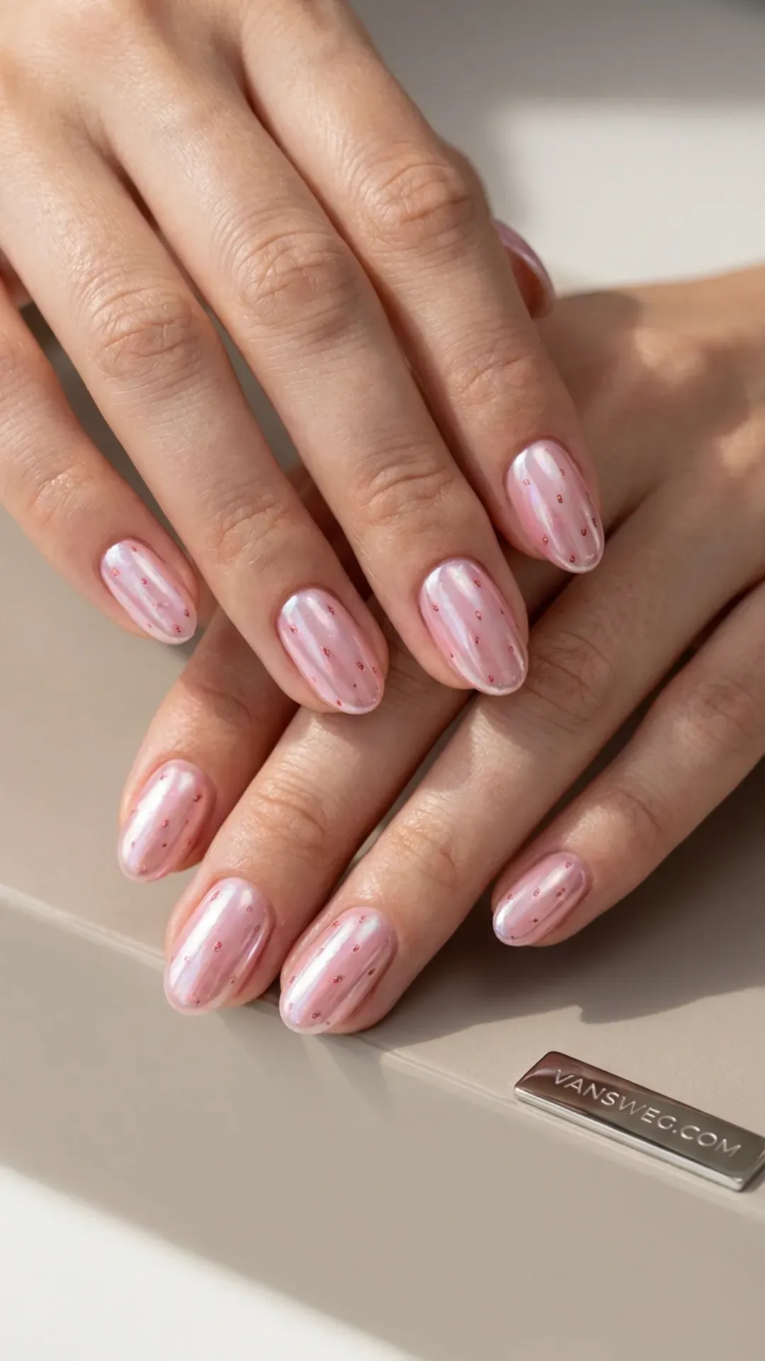  shiny chrome strawberry glazed donut nails clean girl aesthetic by VANSWEG.COM