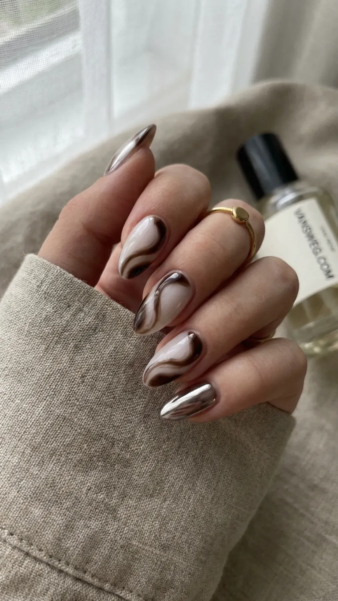 milky espresso swirl glazed nails abstract nail art by VANSWEG.COM